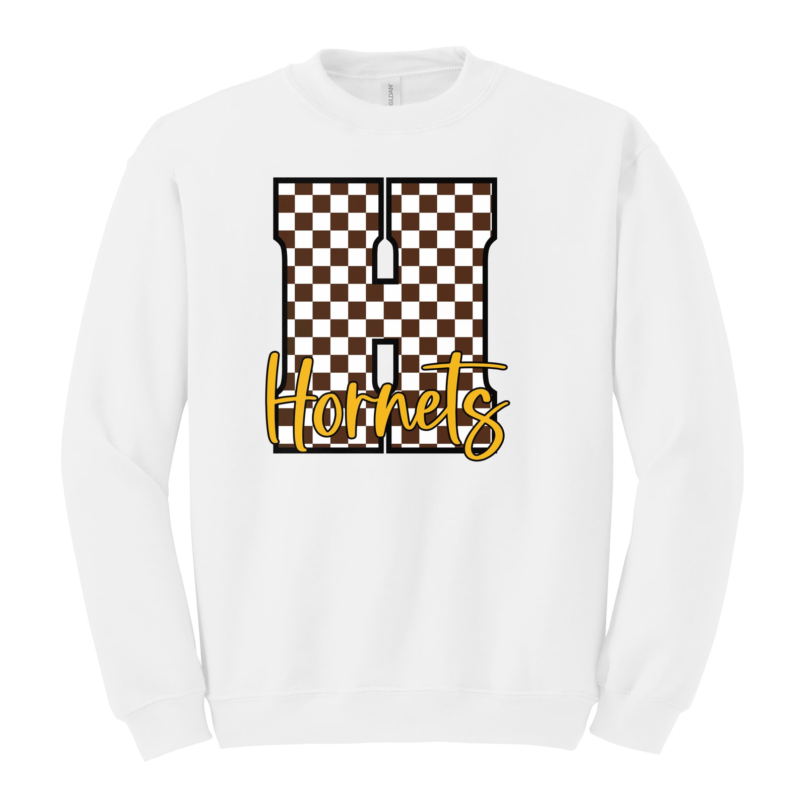 Hamersville Elementary and Middle School H brown white script Gildan Heavy Blend Crewneck Sweatshirt. 18000