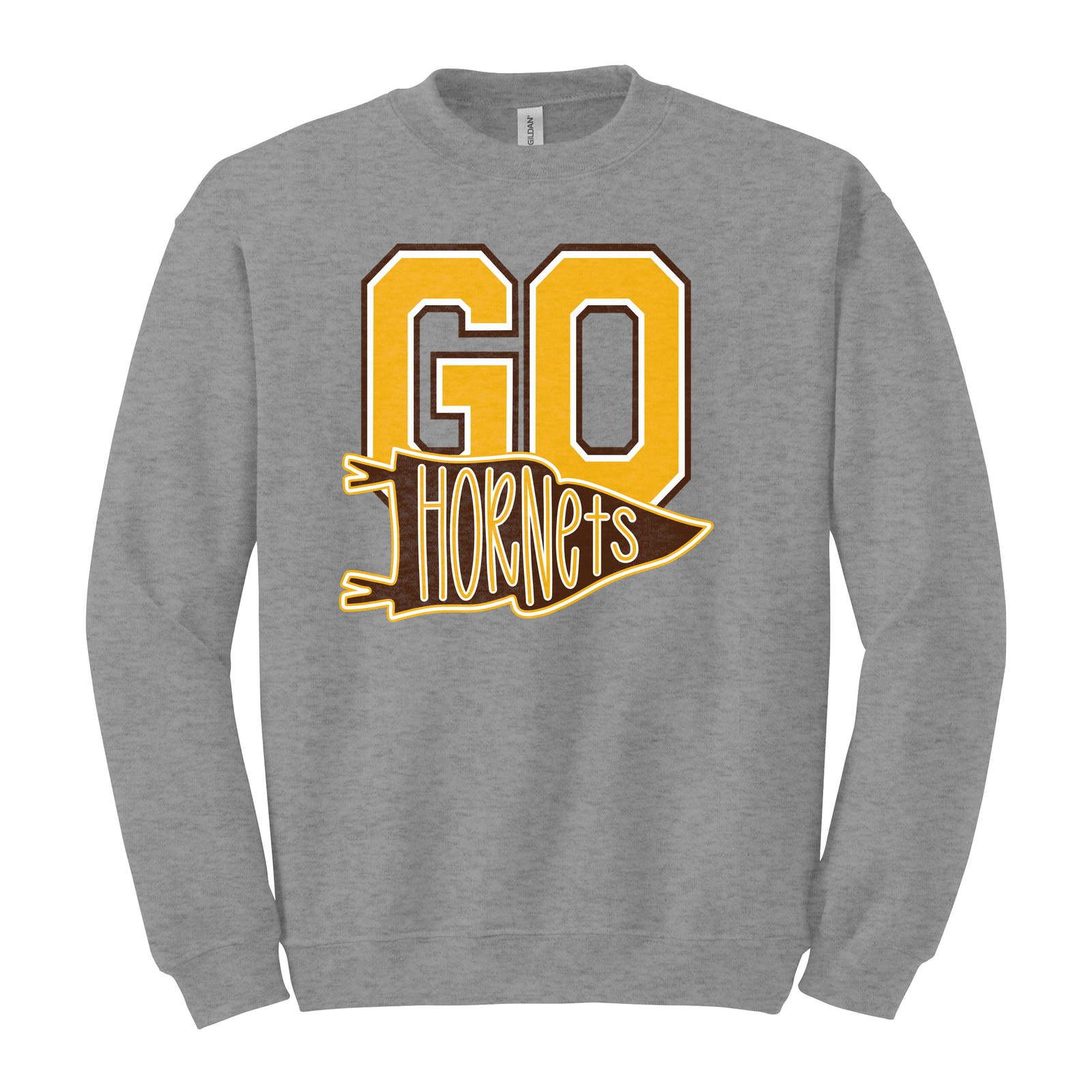 Hamersville Elementary and Middle School Go hornets pennant gold brown white Gildan Heavy Blend Crewneck Sweatshirt. 18000