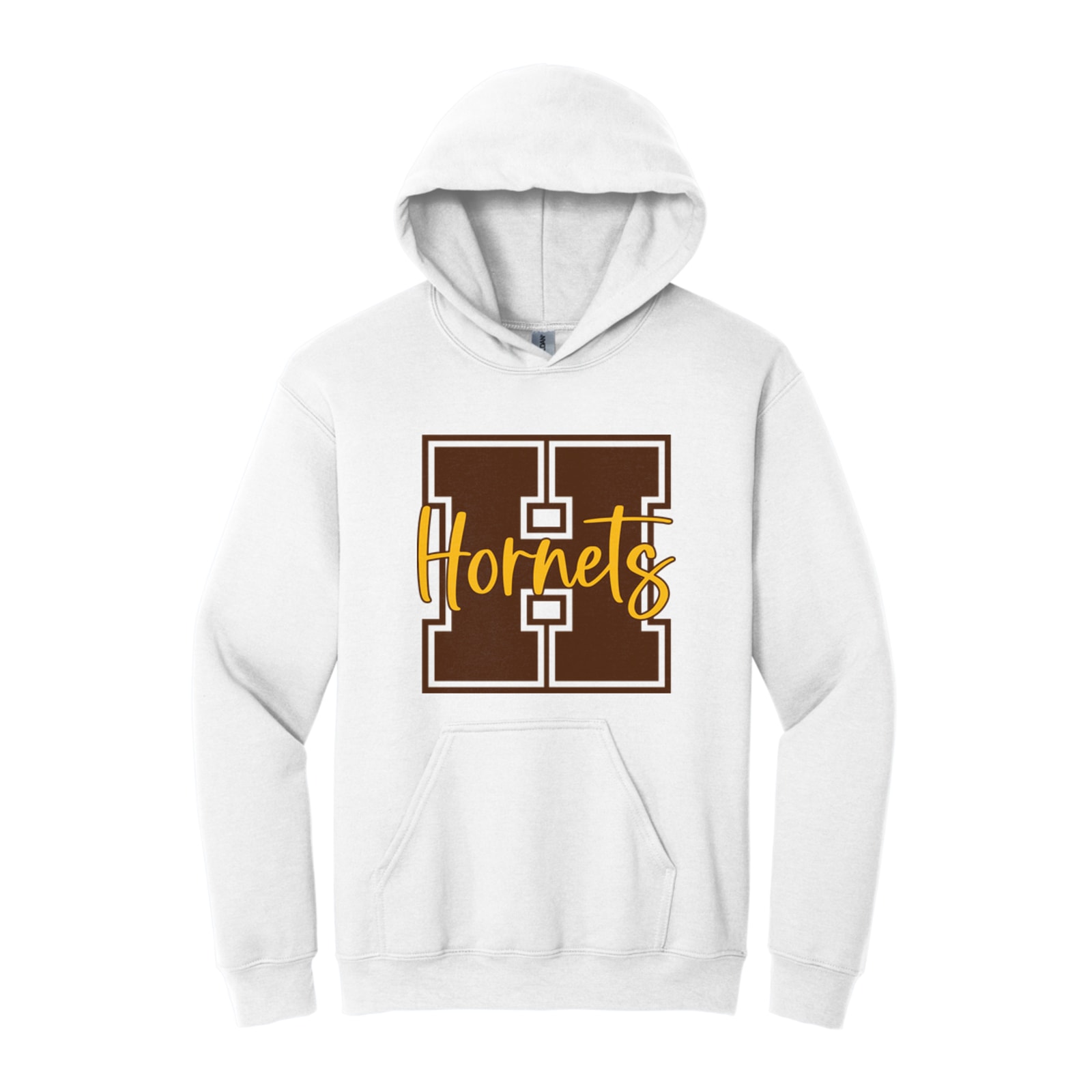 Hamersville Elementary and Middle School H Hornets brown gold square block Gildan - Heavy Blend Hooded Sweatshirt. 18500
