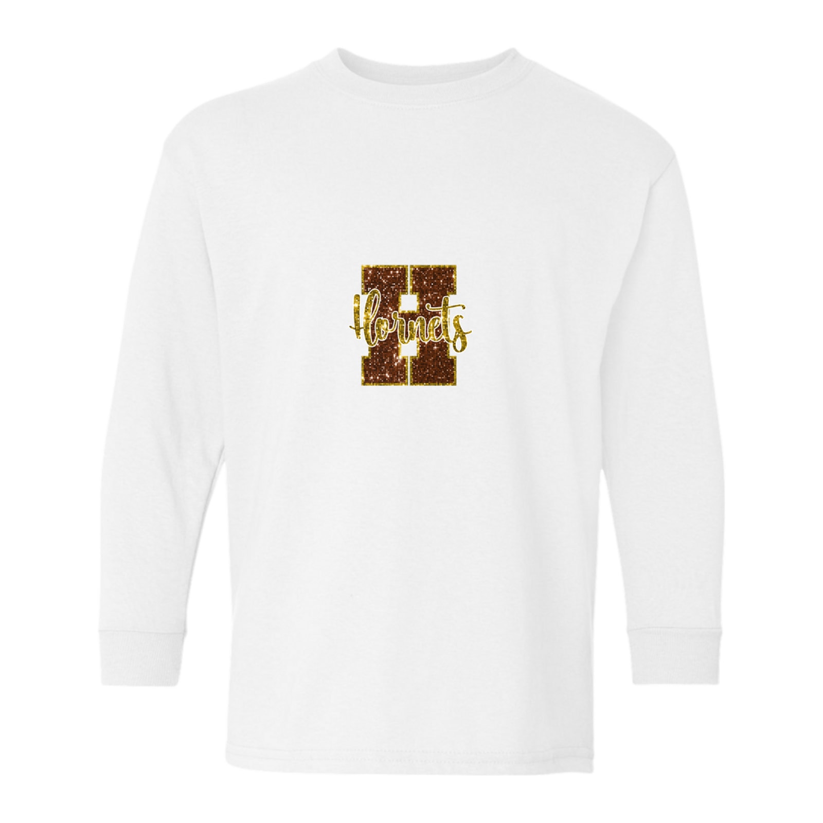 Hamersville Elementary and Middle School H Hornets sequin brown gold Gildan Youth Heavy Cotton 100% Cotton Long Sleeve T-Shirt. 5400B