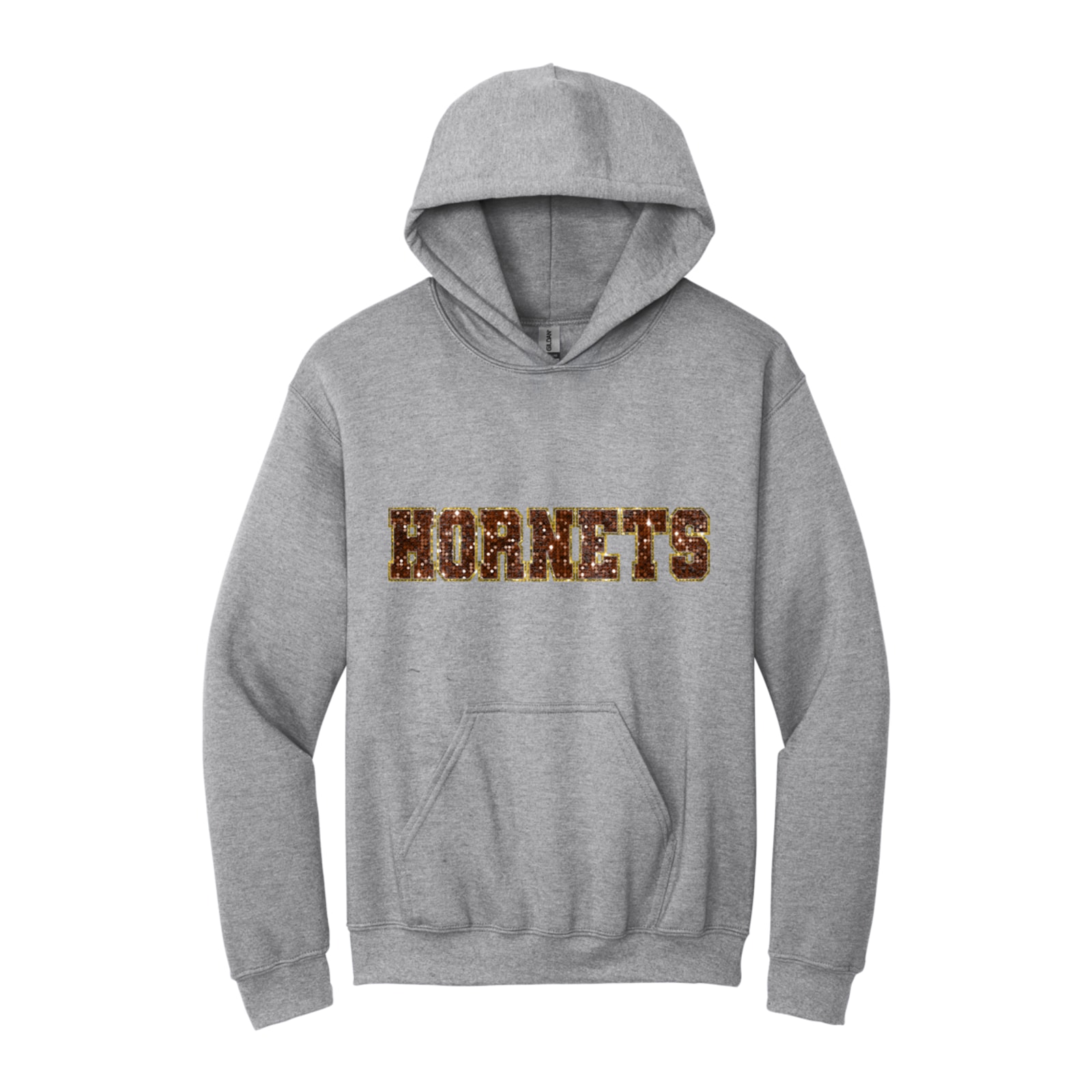 Hamersville Elementary and Middle School Hornets sequin sleeve brown gold Gildan - Heavy Blend Hooded Sweatshirt. 18500