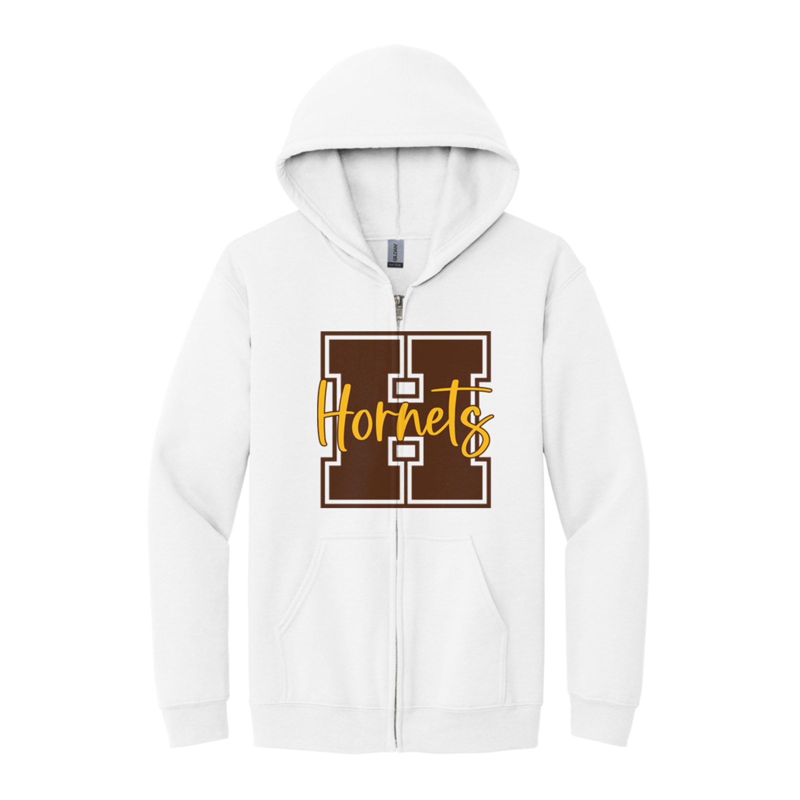Hamersville Elementary and Middle School H Hornets brown gold square block Gildan - Heavy Blend Full-Zip Hooded Sweatshirt. 18600