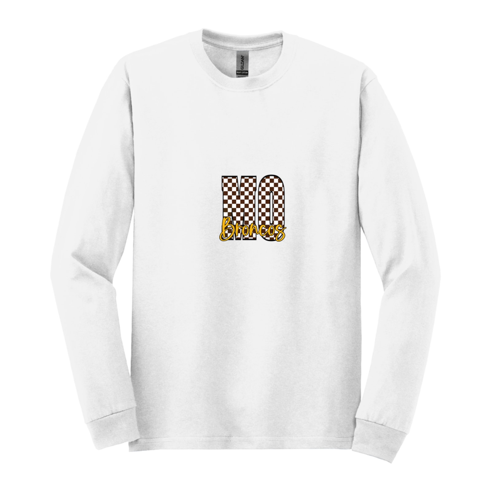 Mount Orab Elementary MO brown white checkers Broncos white script Gildan - Heavy Cotton 100% Cotton Long Sleeve T-Shirt. 5400