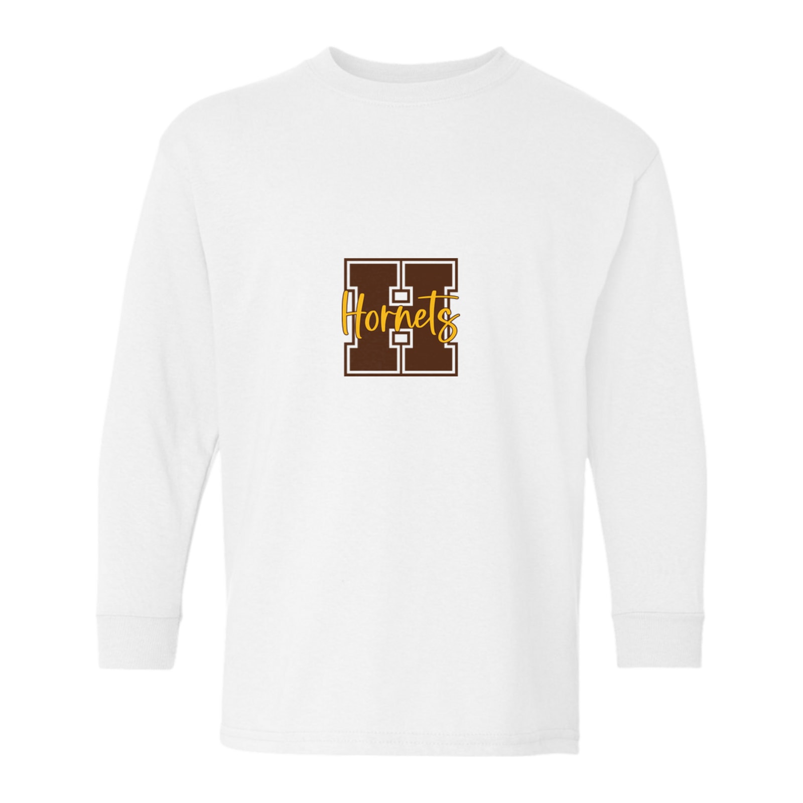 Hamersville Elementary and Middle School H Hornets brown gold square block Gildan Youth Heavy Cotton 100% Cotton Long Sleeve T-Shirt. 5400B