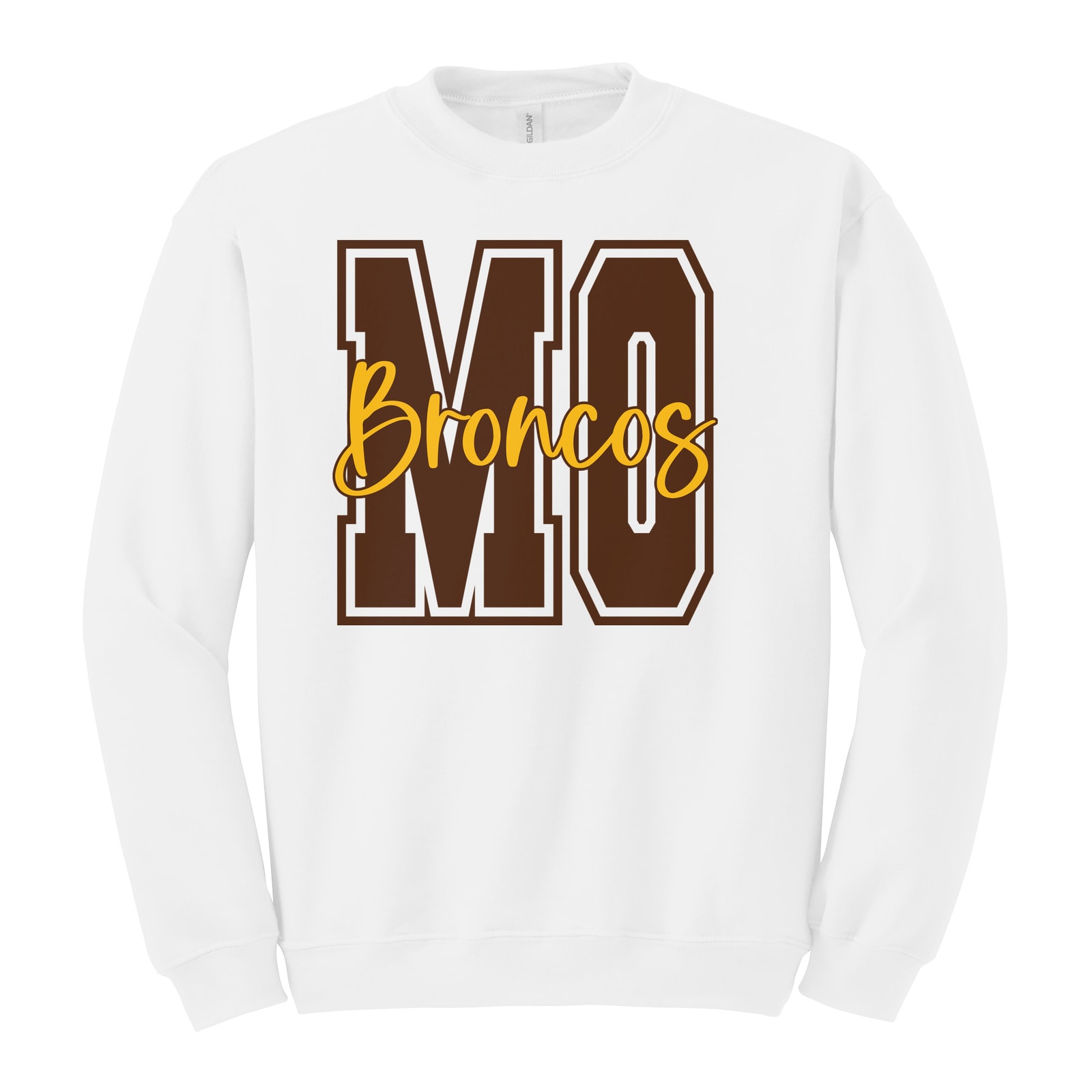 Mount Orab Elementary MO Broncos brown gold square block Gildan Heavy Blend Crewneck Sweatshirt. 18000