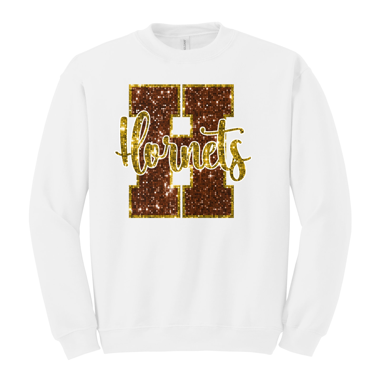 Hamersville Elementary and Middle School H Hornets sequin brown gold Gildan Heavy Blend Crewneck Sweatshirt. 18000