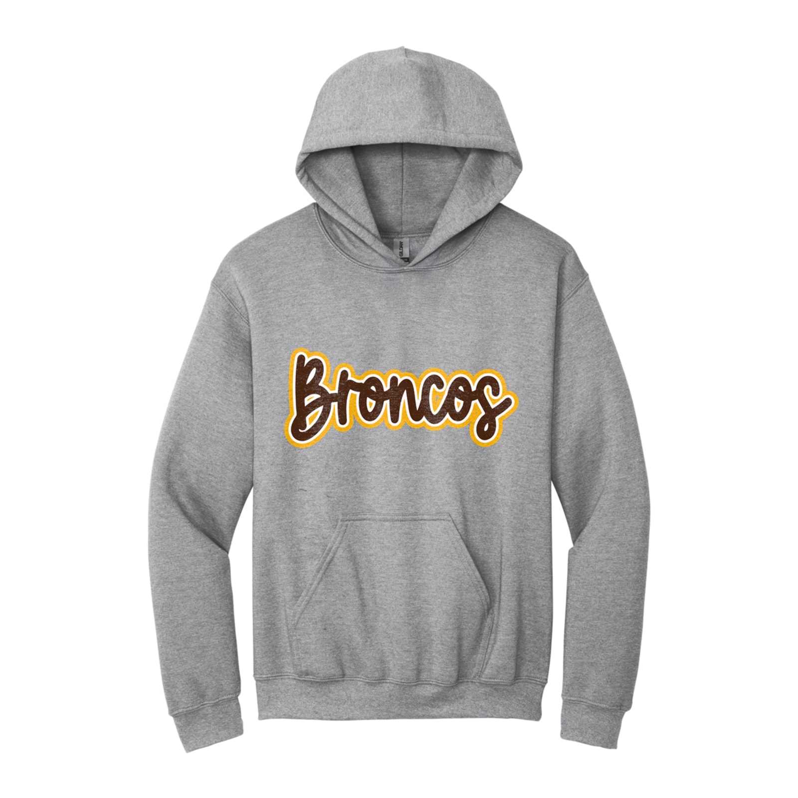 Mount Orab Elementary Broncos Thick Script brown white gold Gildan - Heavy Blend Hooded Sweatshirt. 18500