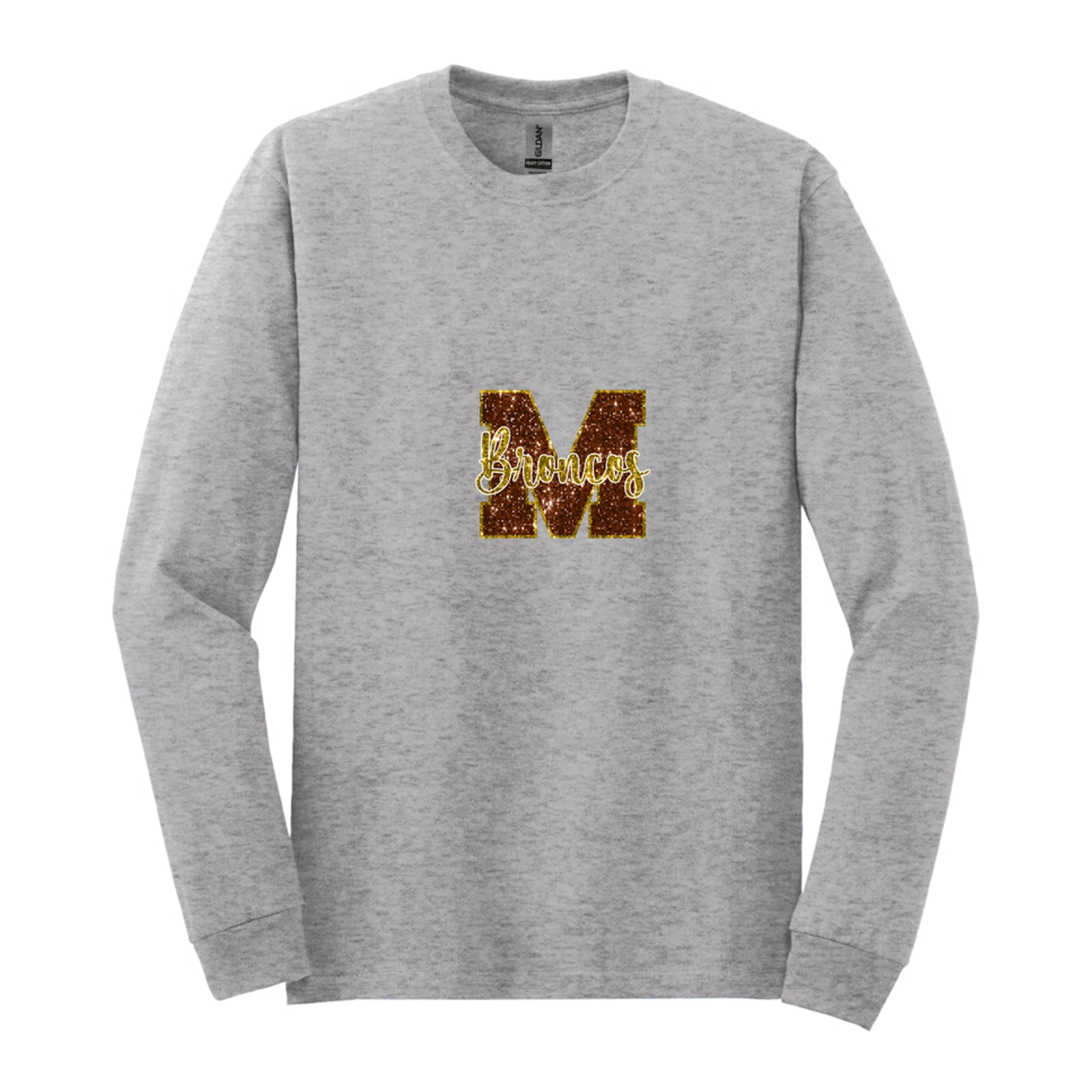 Mount Orab Elementary M Broncos sequin brown gold Gildan - Heavy Cotton 100% Cotton Long Sleeve T-Shirt. 5400