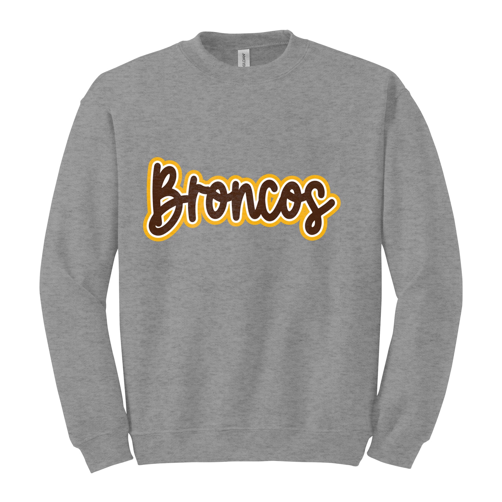 Mount Orab Elementary Broncos Thick Script brown white gold Gildan Heavy Blend Crewneck Sweatshirt. 18000