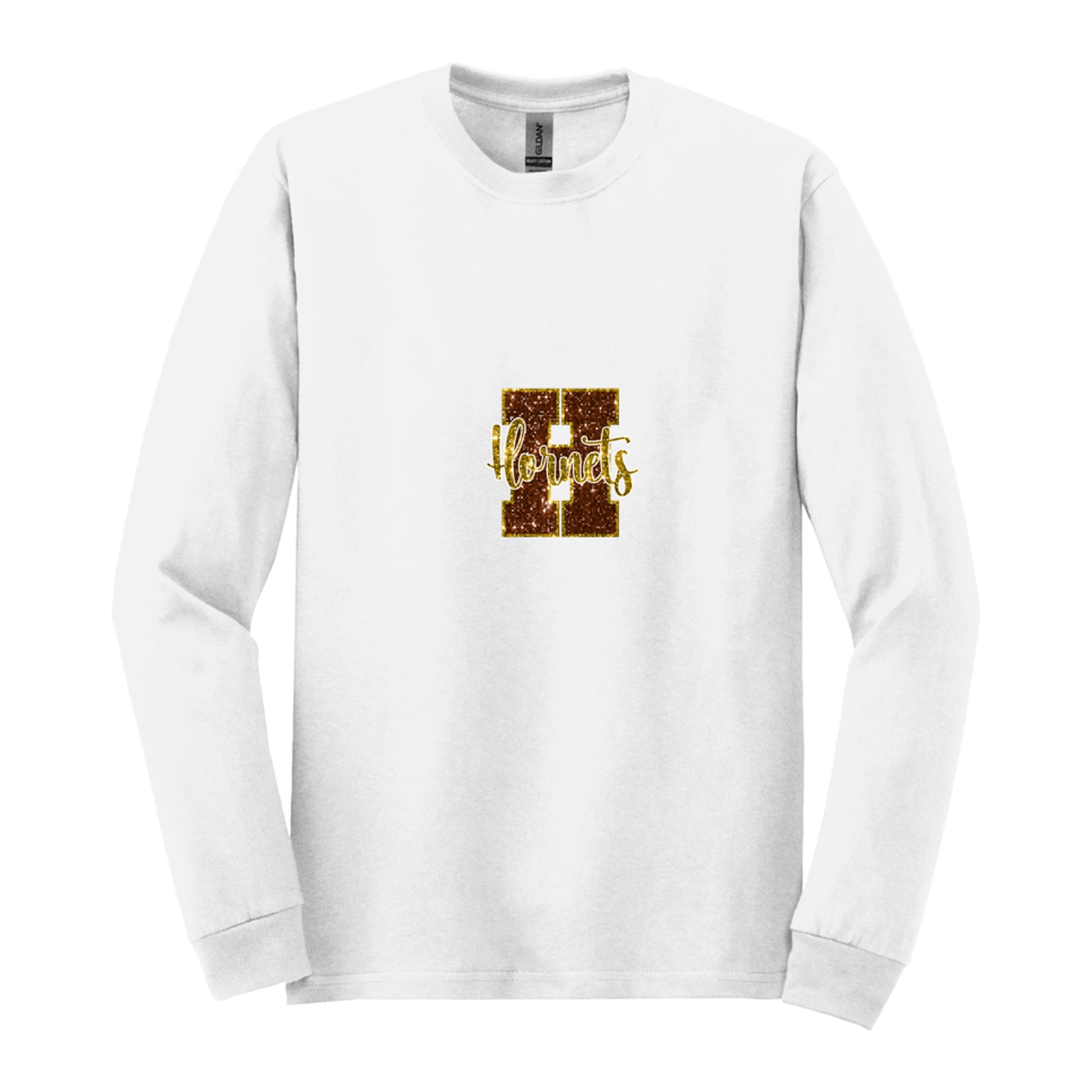 Hamersville Elementary and Middle School H Hornets sequin brown gold Gildan - Heavy Cotton 100% Cotton Long Sleeve T-Shirt. 5400