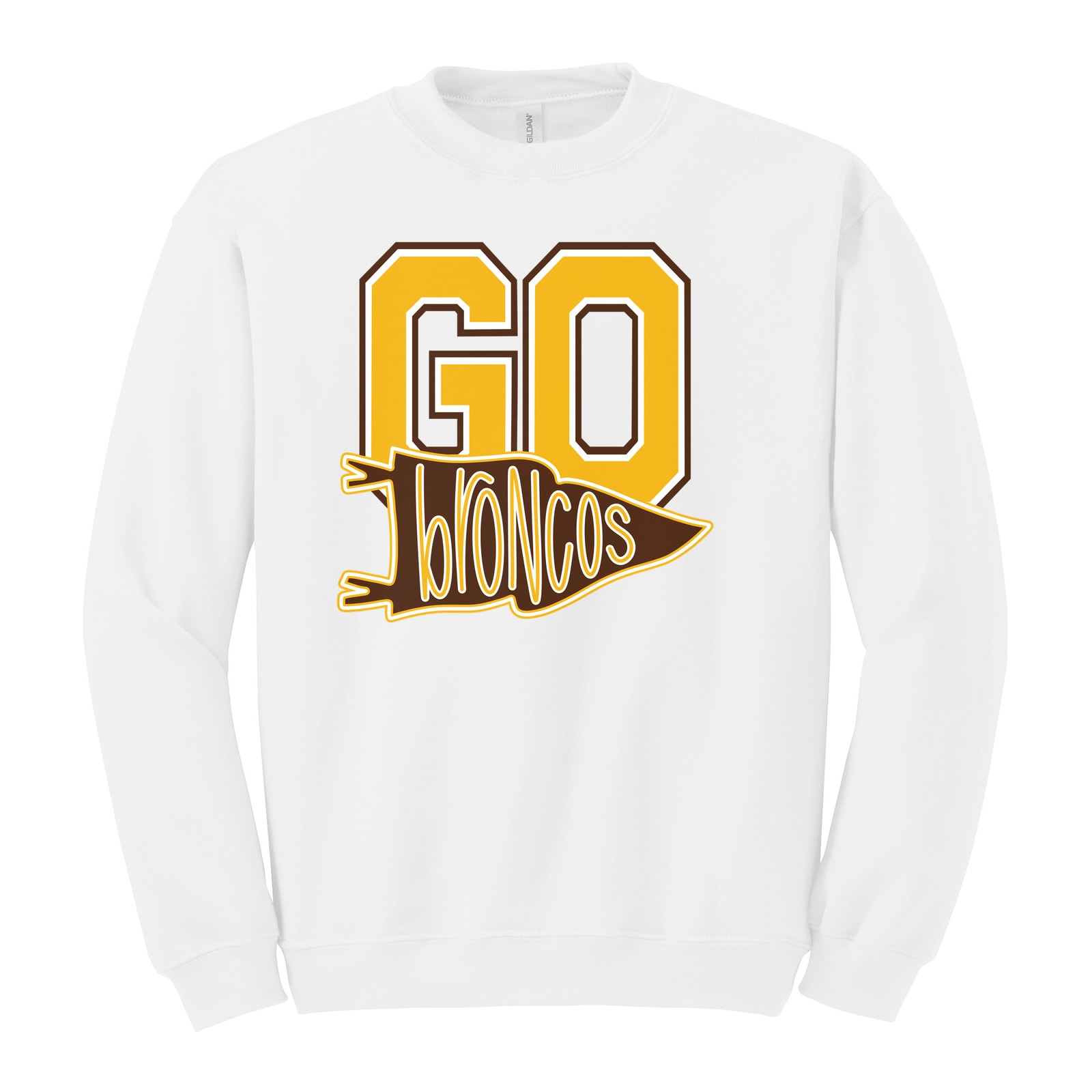 Mount Orab Elementary Go broncos pennant gold brown white Gildan Heavy Blend Crewneck Sweatshirt. 18000