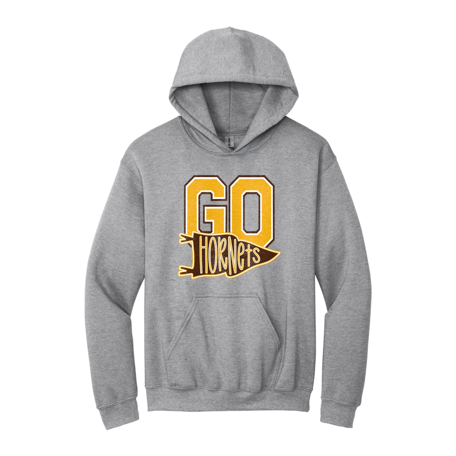 Hamersville Elementary and Middle School Go hornets pennant gold brown white Gildan - Heavy Blend Hooded Sweatshirt. 18500