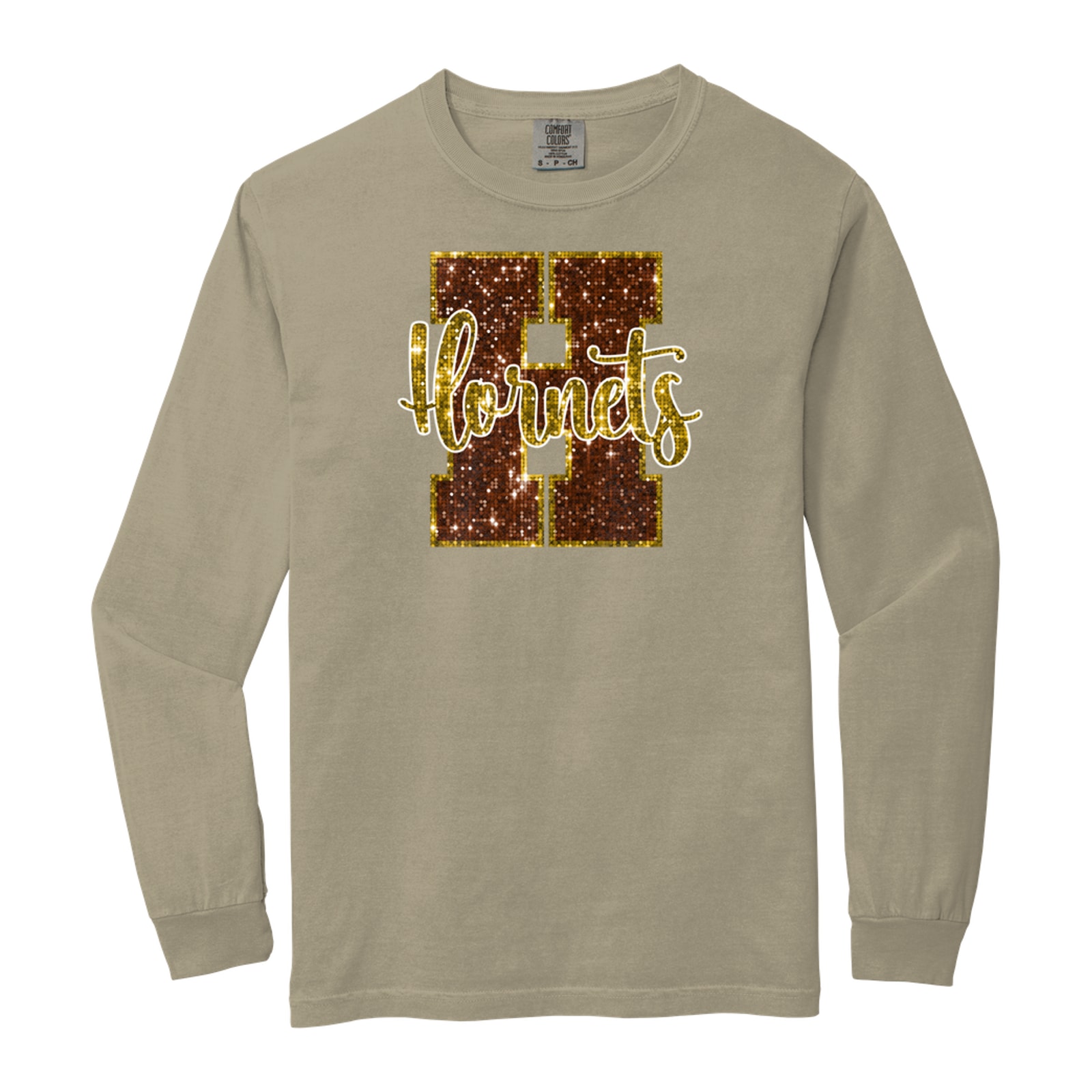 Hamersville Elementary and Middle School H Hornets sequin brown gold Comfort Colors 6014 Long Sleeve