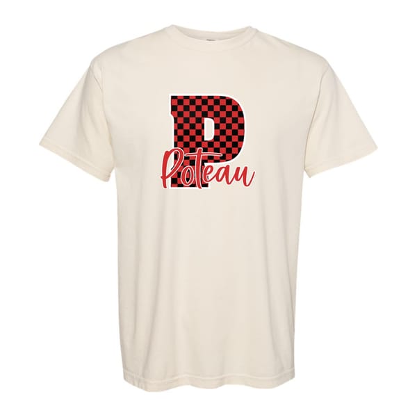 P red black checkers Poteau red script