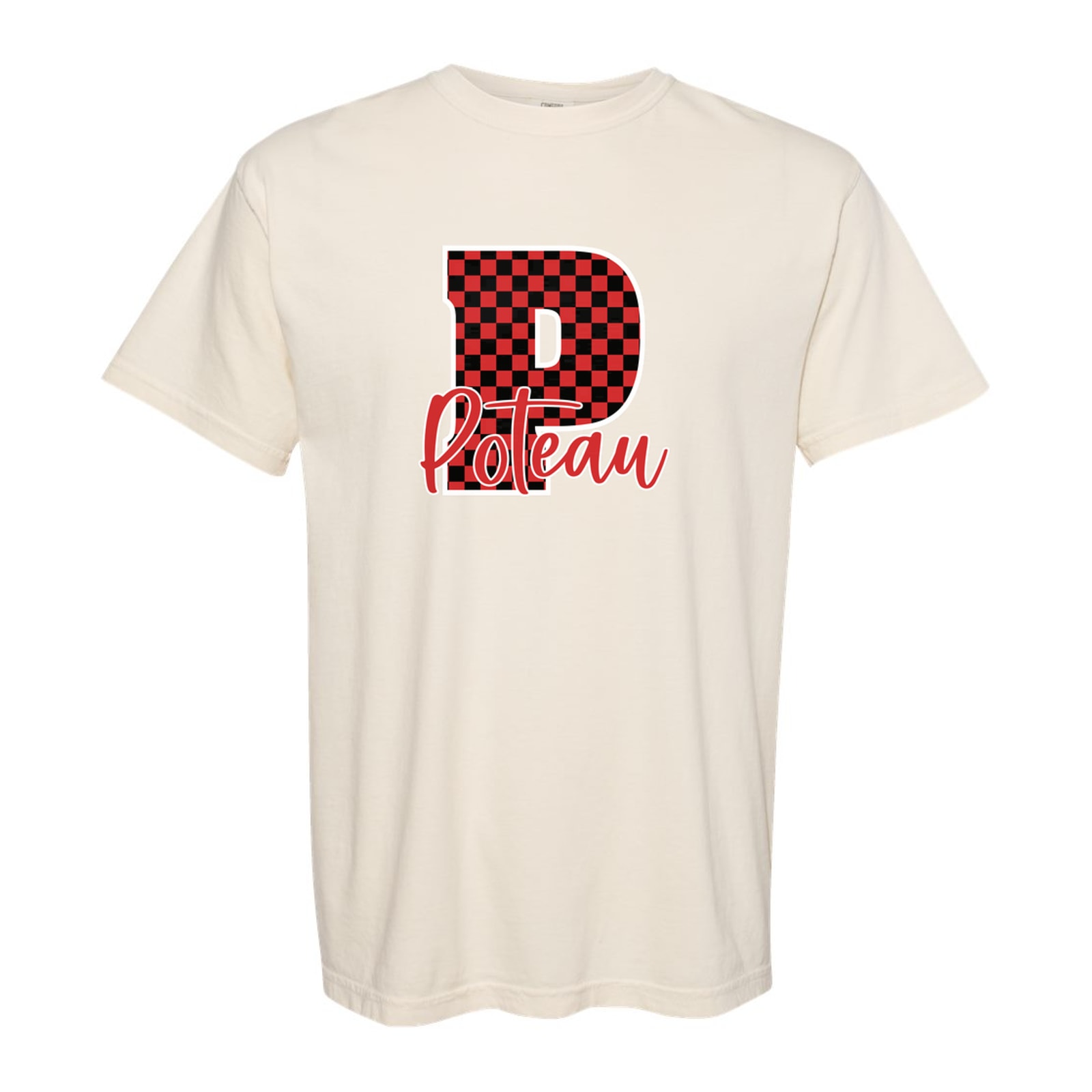 P red black checkers Poteau red script