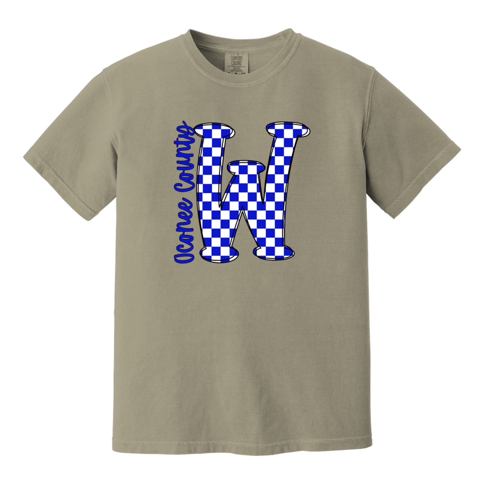 W big letter checkered Oconee county blue White