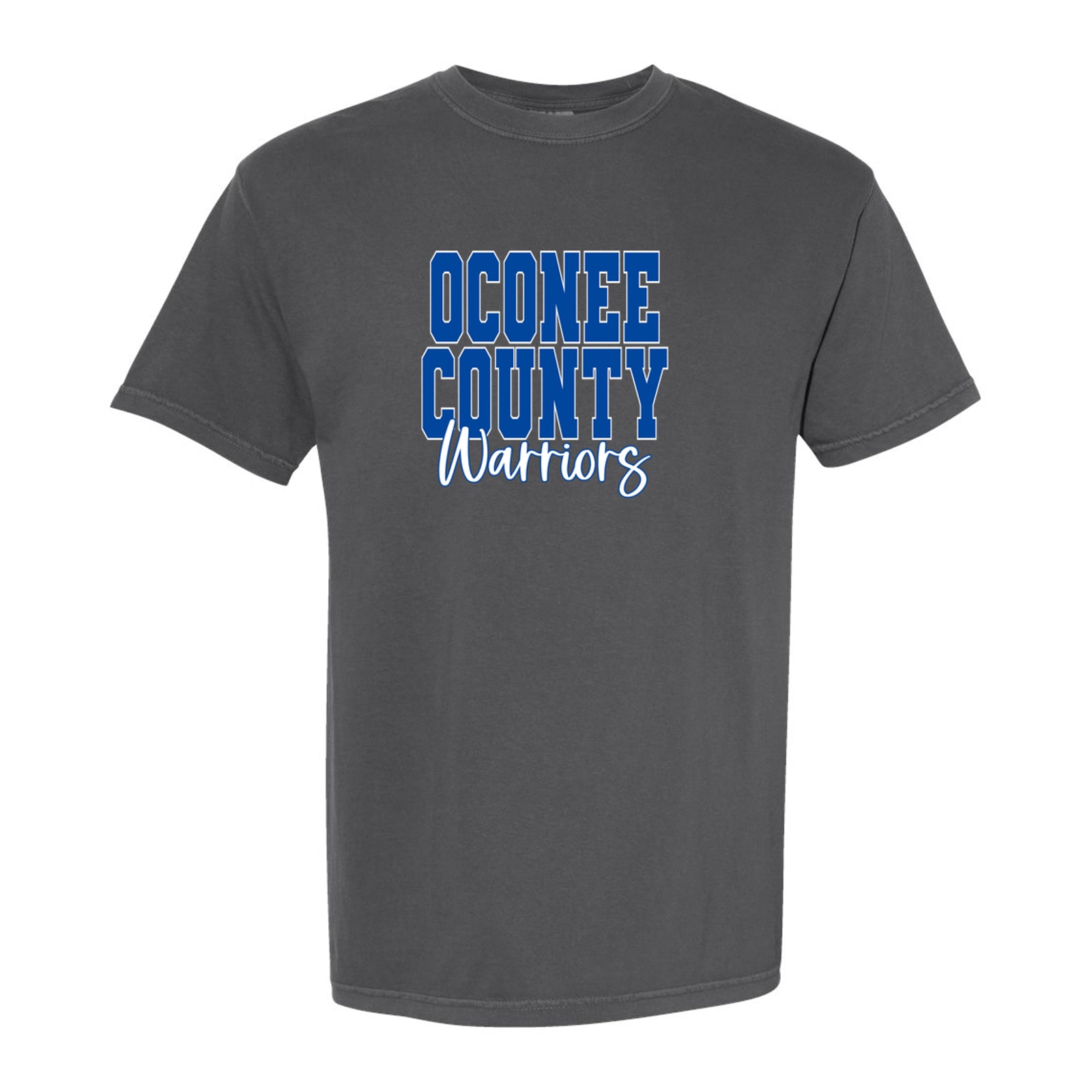 Oconee County Warriors royal white duo block script