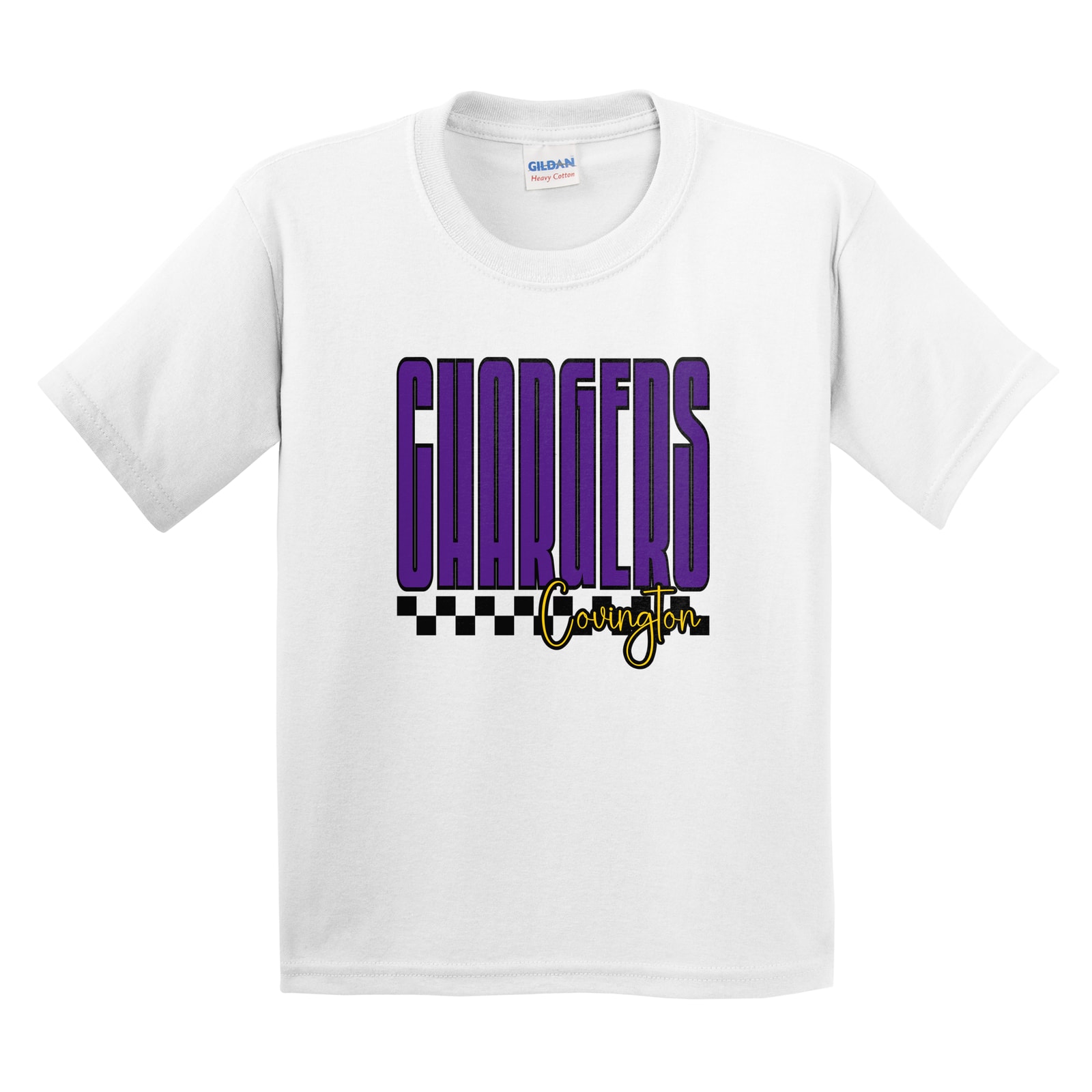 covington Covington chargers tall checkers purple gold black Gildan 5000B Youth Tee
