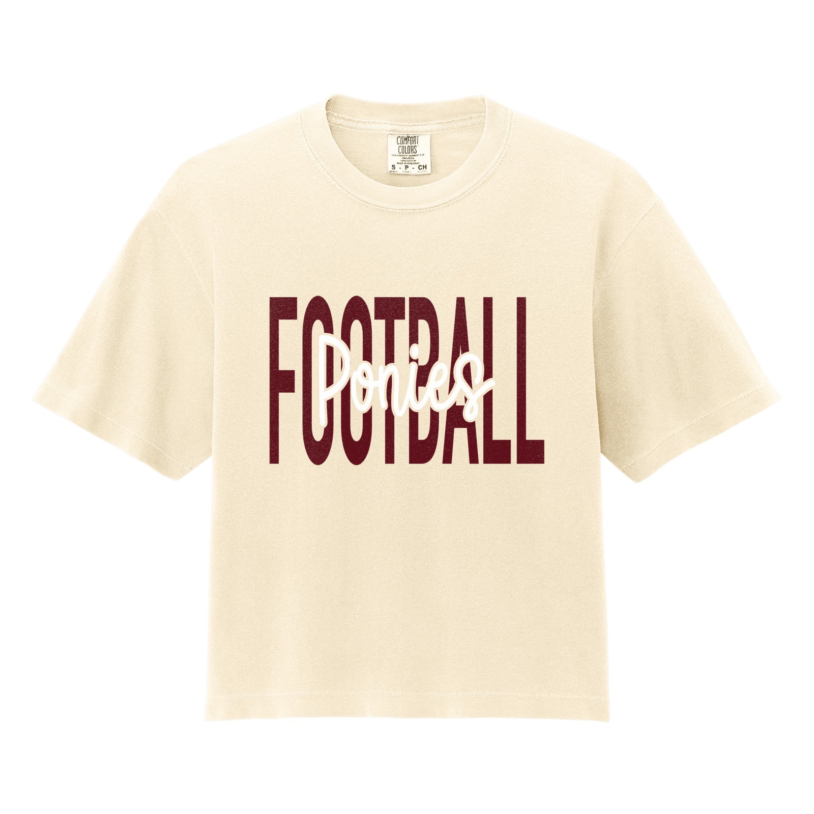 Ponies Football Middle Script maroon white Comfort Colors 3023CL Cropped Tee