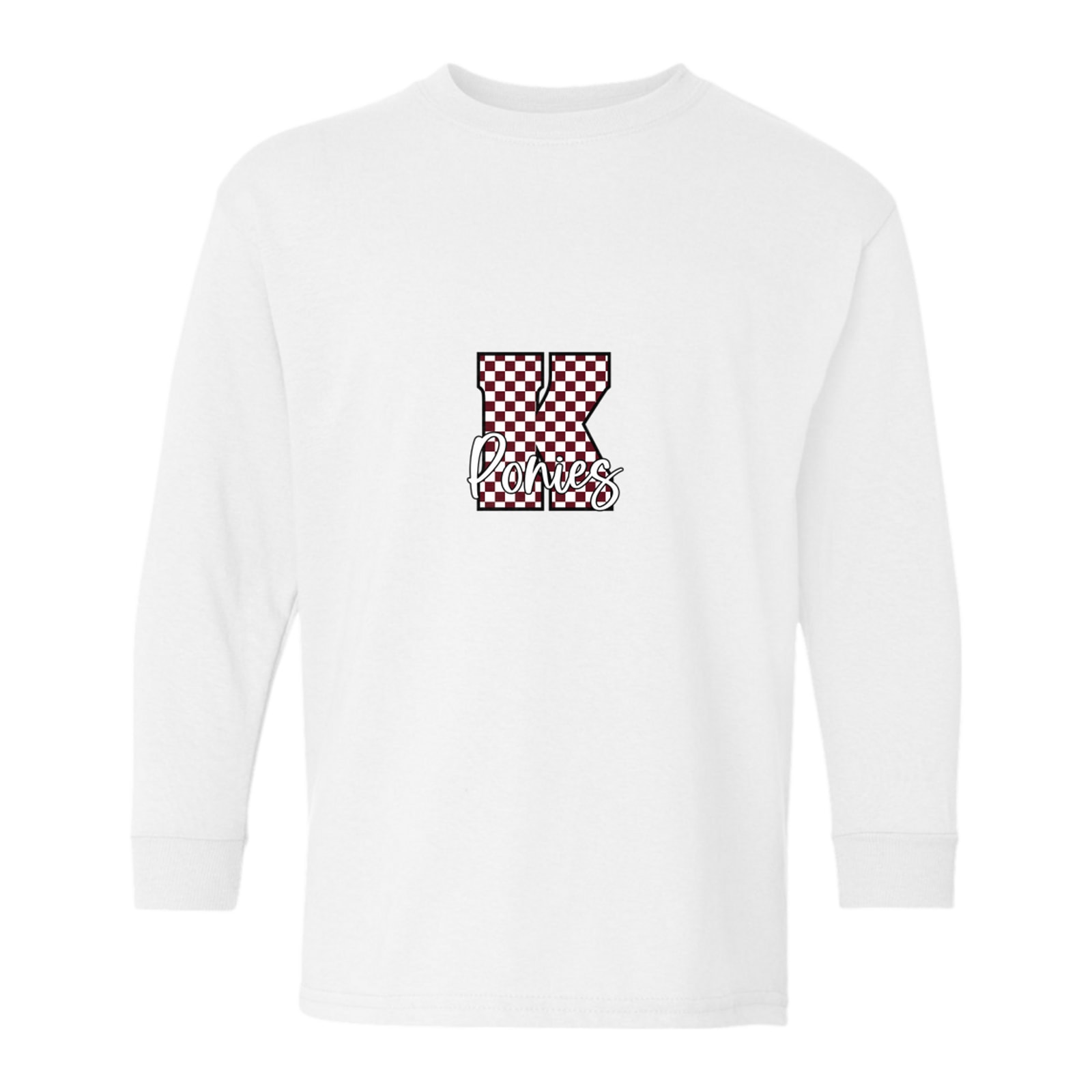 K maroon white checkers ponies white script Gildan Youth Heavy Cotton 100% Cotton Long Sleeve T-Shirt. 5400B