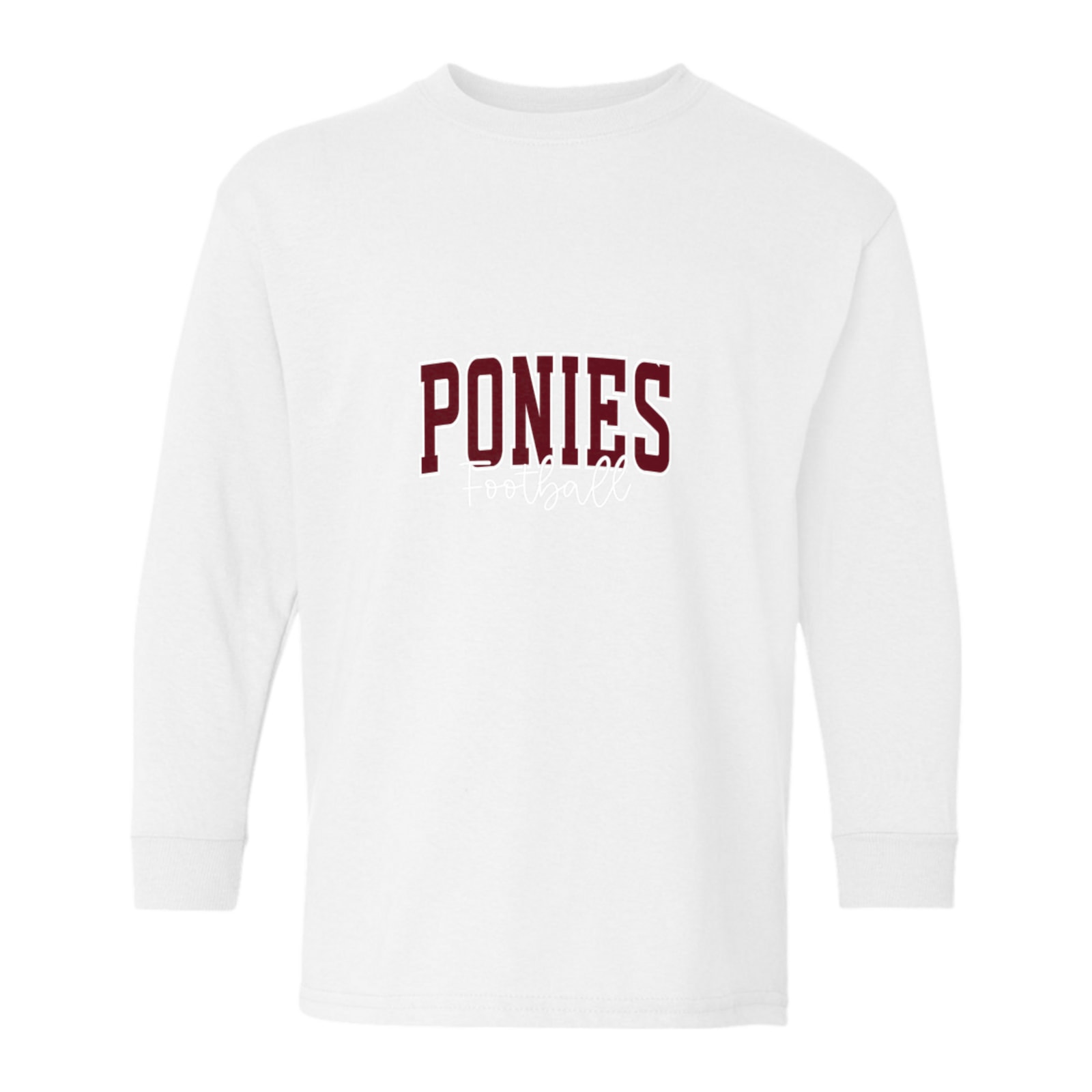 Ponies football arc maroon white Gildan Youth Heavy Cotton 100% Cotton Long Sleeve T-Shirt. 5400B