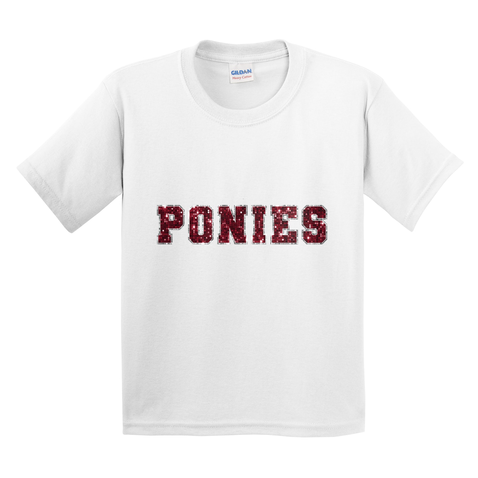 Ponies sequin sleeve maroon silver Gildan 5000B Youth Tee