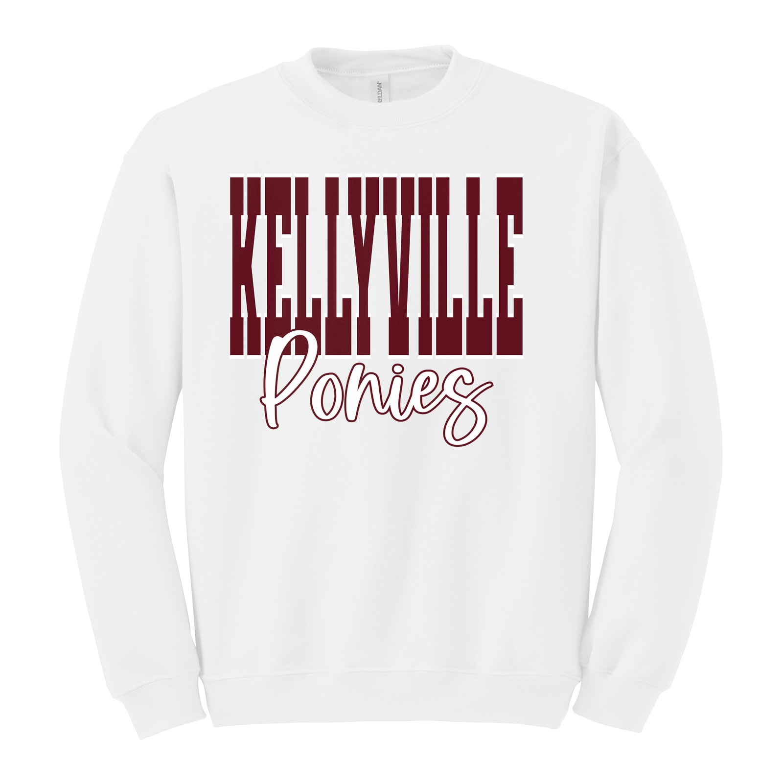 Kellyville ponies maroon white duo block script Gildan Heavy Blend Crewneck Sweatshirt. 18000