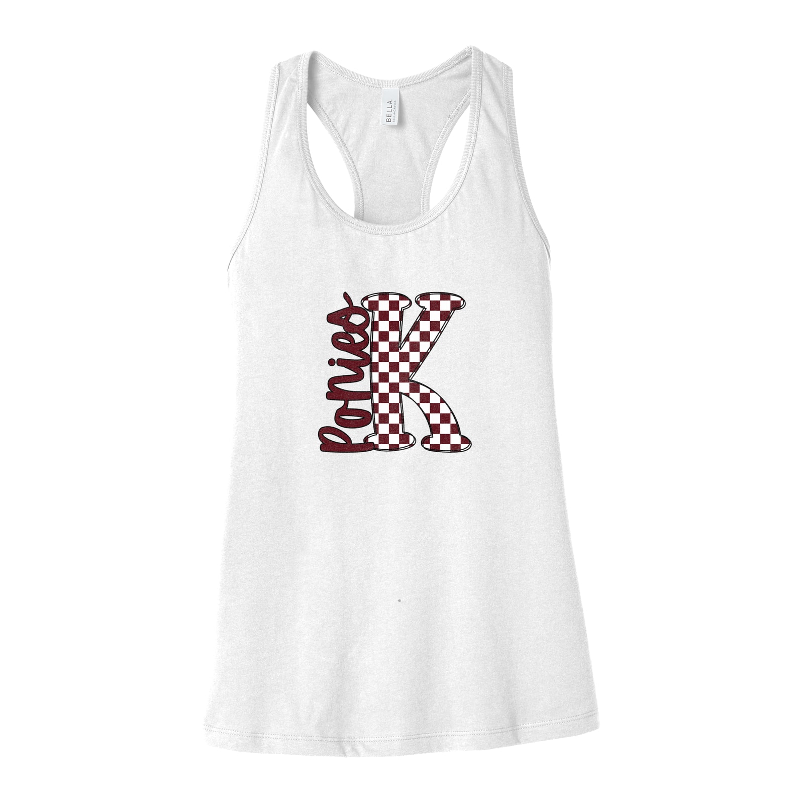 K big letter checkered ponies maroon white black Bella+Canvas 6008 Racerback Tank