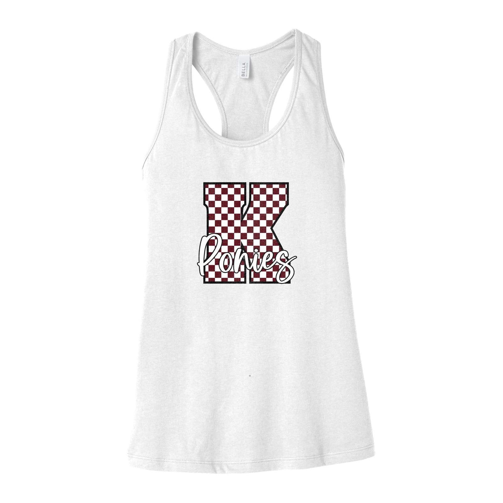 K maroon white checkers ponies white script Bella+Canvas 6008 Racerback Tank