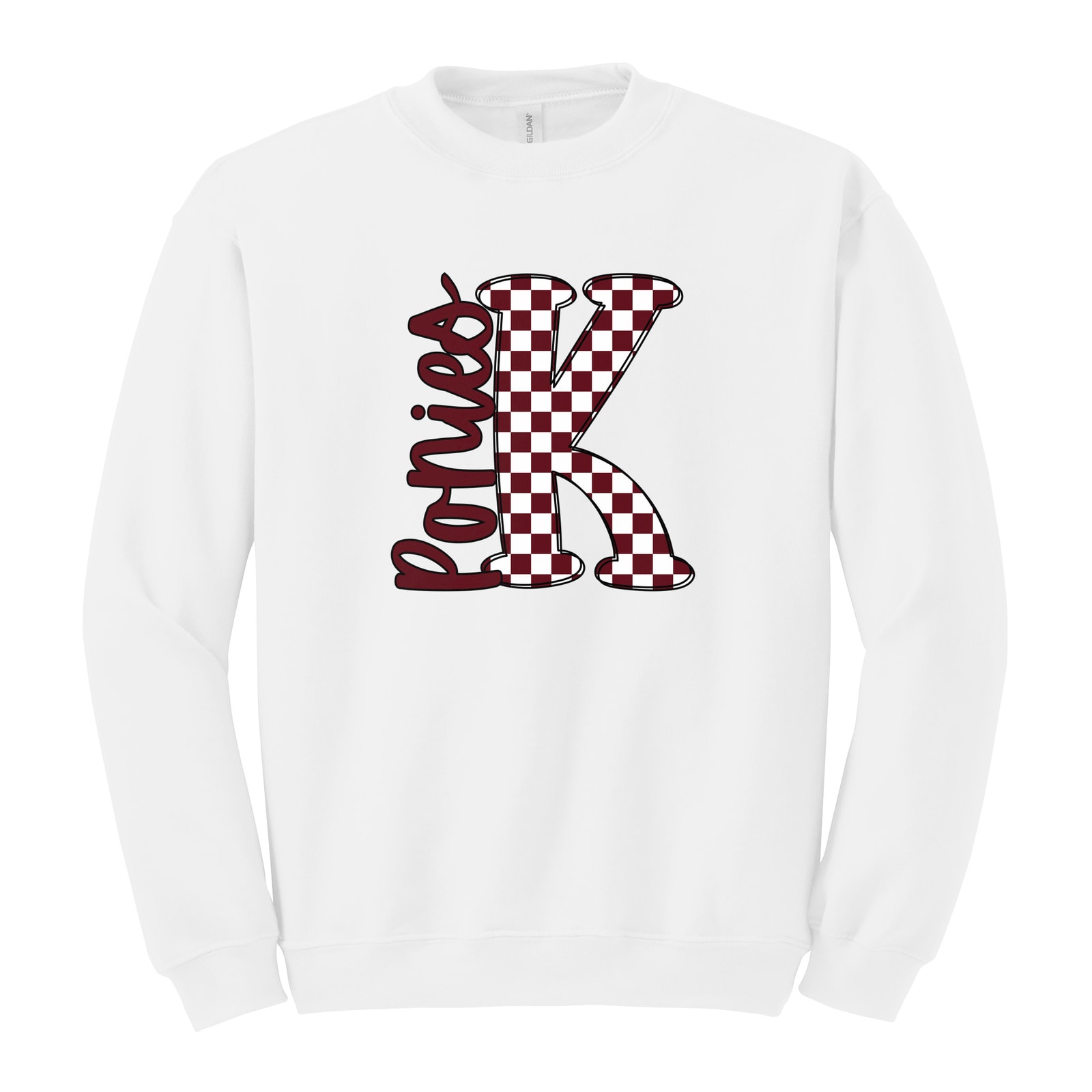 K big letter checkered ponies maroon white black Gildan 18000 Fleece