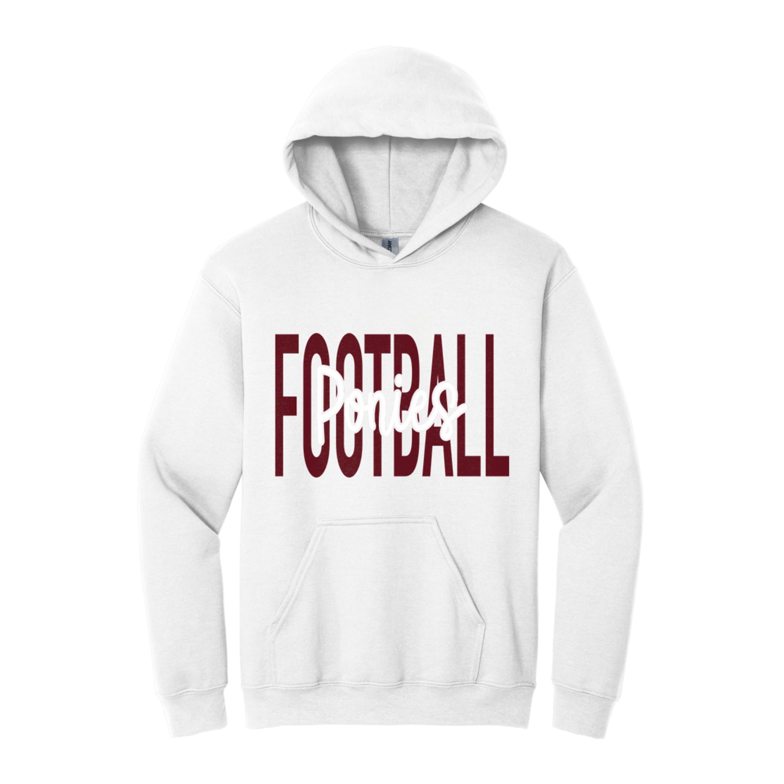 Ponies Football Middle Script maroon white Gildan - Heavy Blend Hooded Sweatshirt. 18500