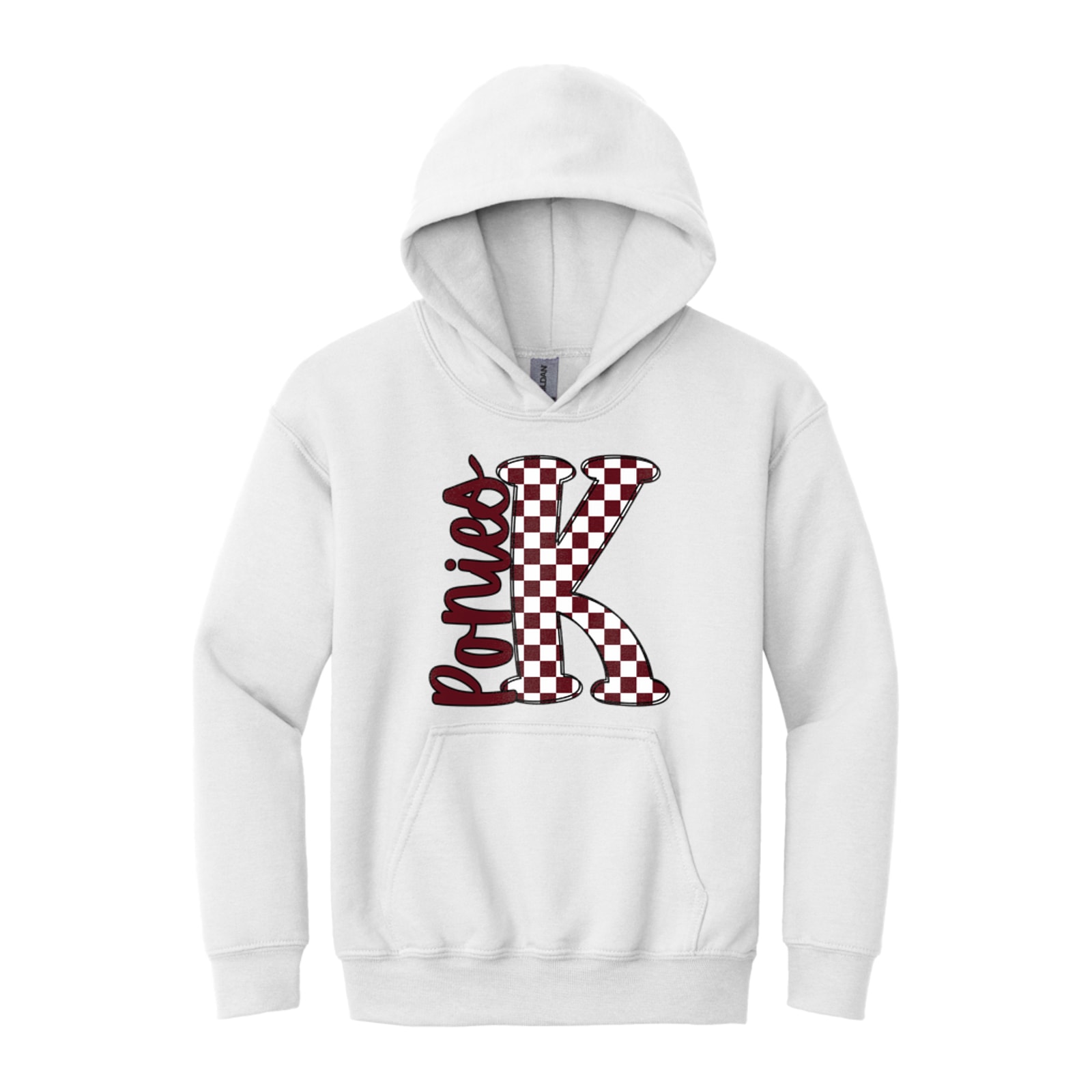 K big letter checkered ponies maroon white black Gildan - Youth Heavy Blend Hooded Sweatshirt. 18500B