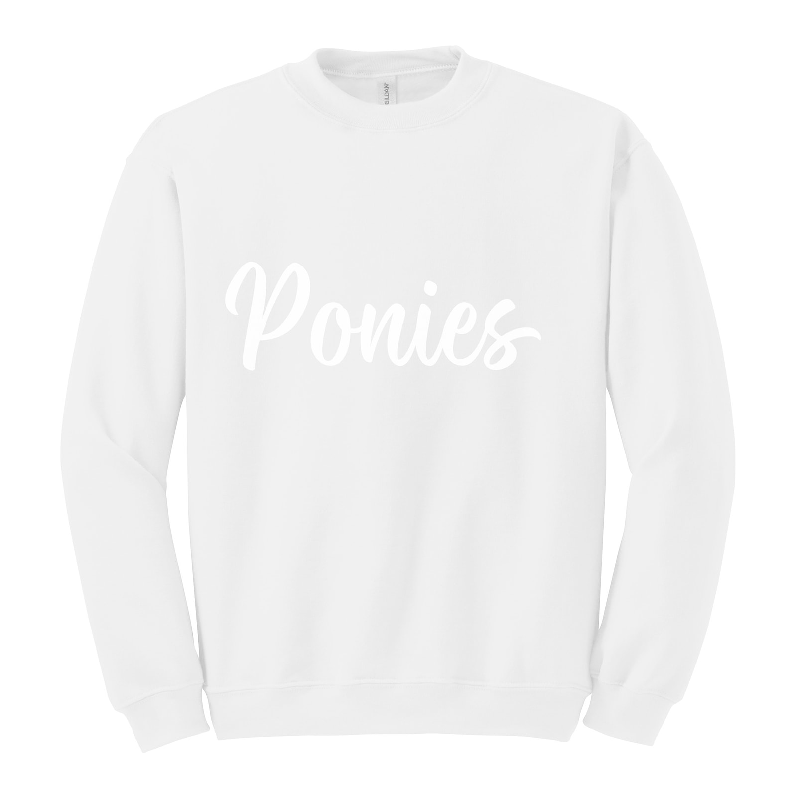 Ponies white puff script Gildan Heavy Blend Crewneck Sweatshirt. 18000