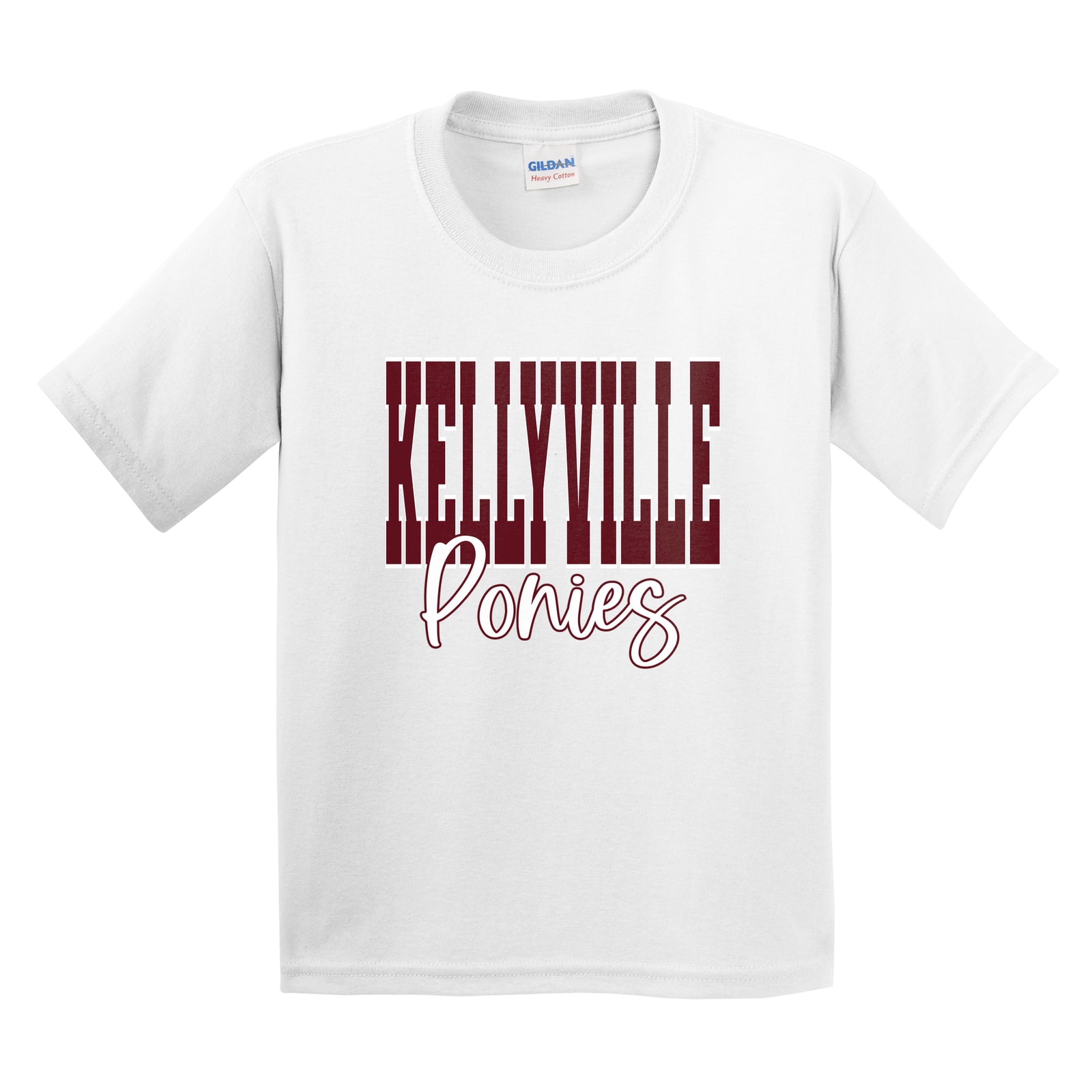 Kellyville ponies maroon white duo block script Gildan 5000B Youth Tee