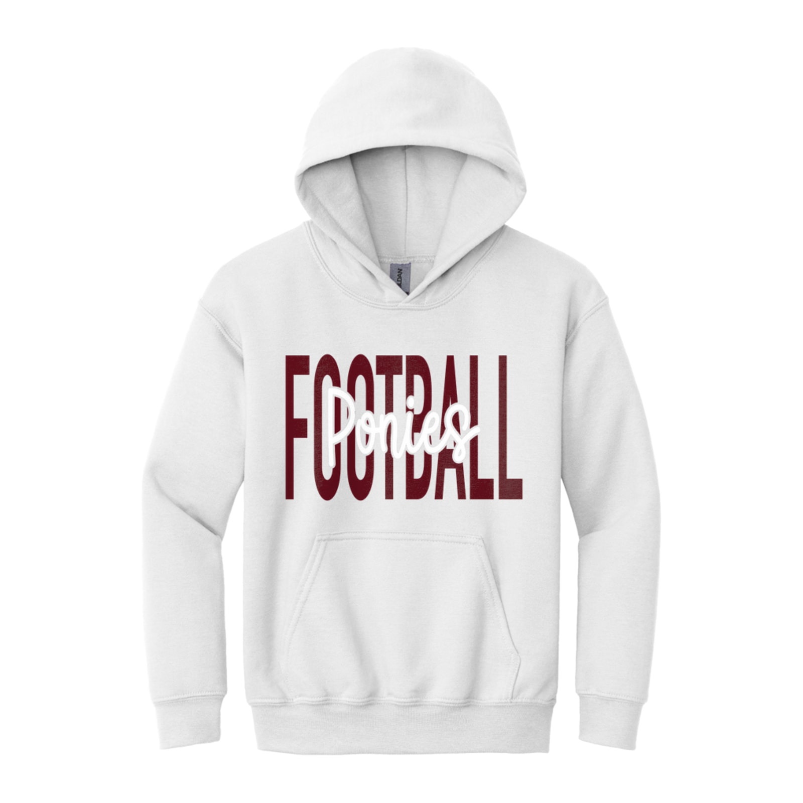 Ponies Football Middle Script maroon white Gildan - Youth Heavy Blend Hooded Sweatshirt. 18500B