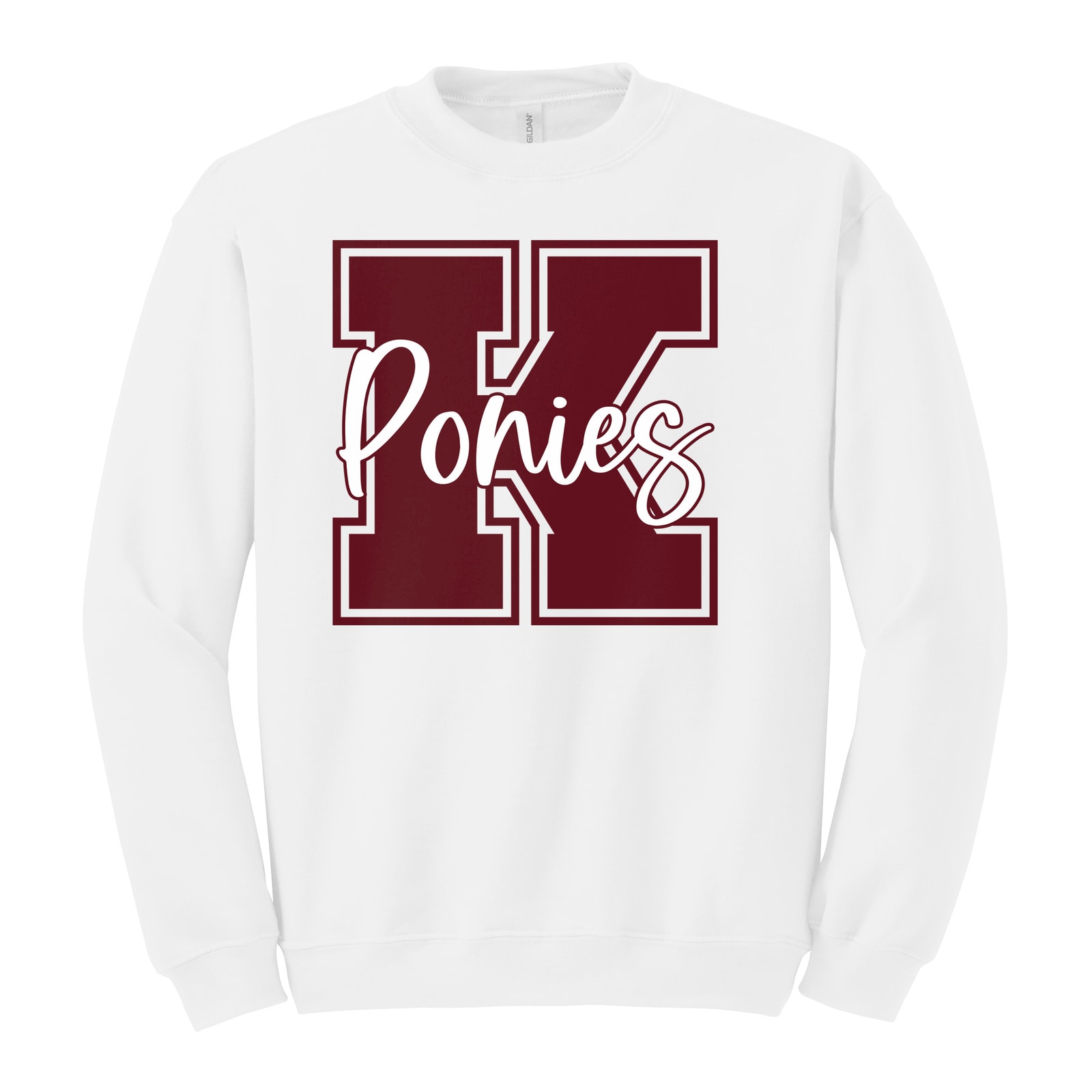K ponies maroon white square block Gildan Heavy Blend Crewneck Sweatshirt. 18000