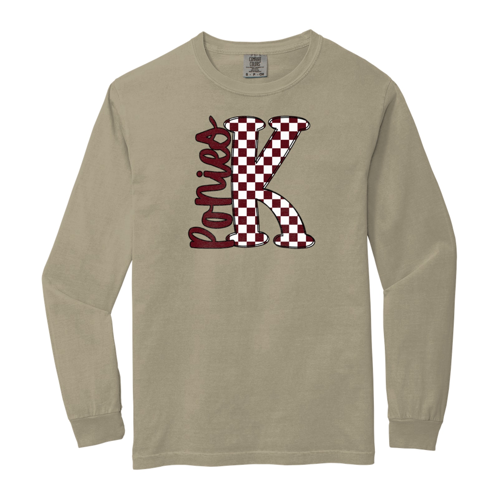 K big letter checkered ponies maroon white black Comfort Colors 6014 Long Sleeve