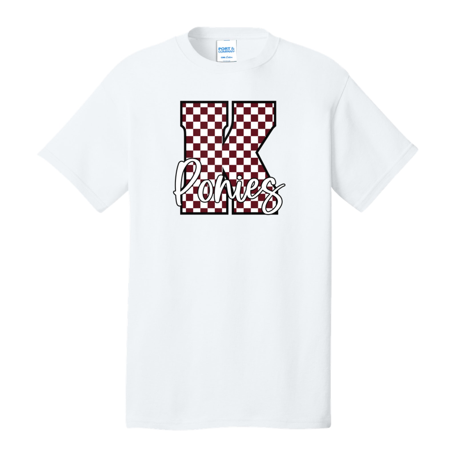 K maroon white checkers ponies white script Port & Company PC54