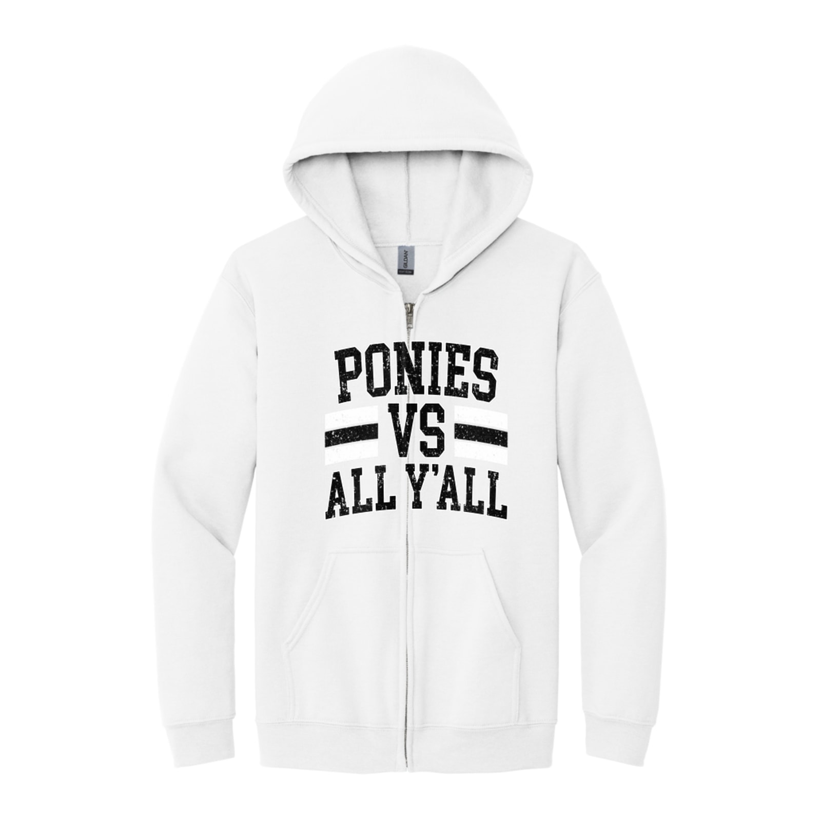 Ponies vs all y’all black white distressed Gildan - Heavy Blend Full-Zip Hooded Sweatshirt. 18600
