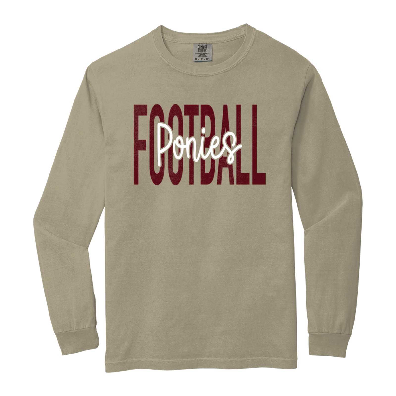 Ponies Football Middle Script maroon white Comfort Colors 6014 Long Sleeve