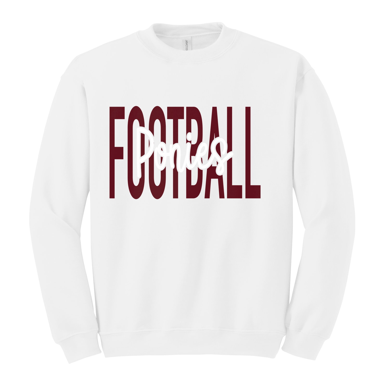 Ponies Football Middle Script maroon white Gildan Heavy Blend Crewneck Sweatshirt. 18000