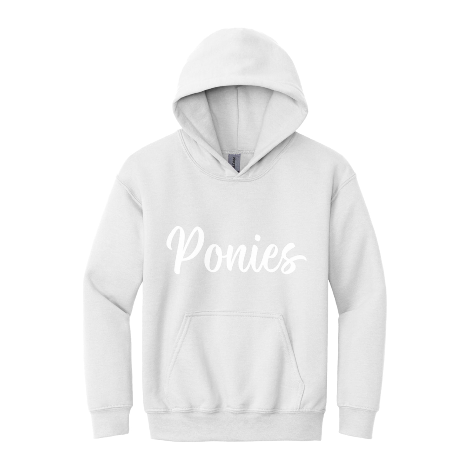 Ponies white puff script Gildan - Youth Heavy Blend Hooded Sweatshirt. 18500B