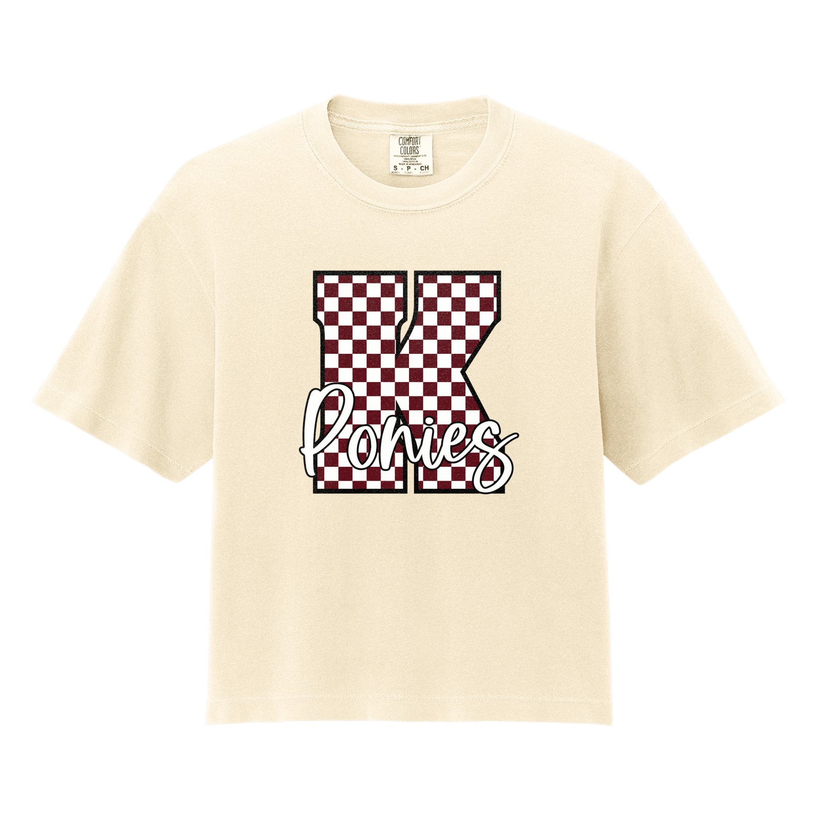 K maroon white checkers ponies white script Comfort Colors 3023CL Cropped Tee