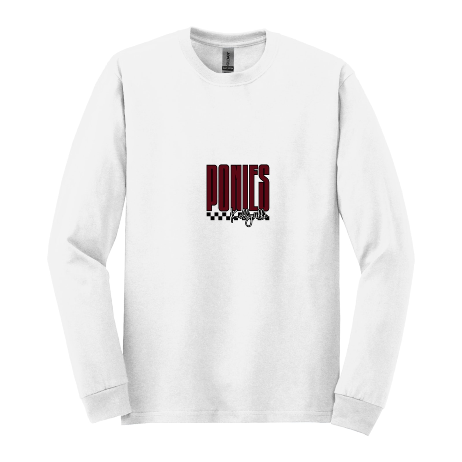 Ponies Kellyville tall with checkers maroon white black Gildan - Heavy Cotton 100% Cotton Long Sleeve T-Shirt. 5400