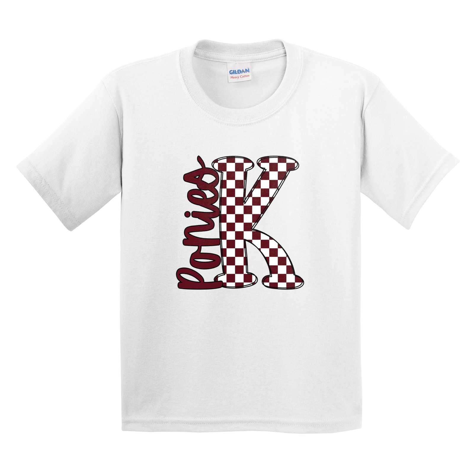 K big letter checkered ponies maroon white black Gildan 5000B Youth Tee