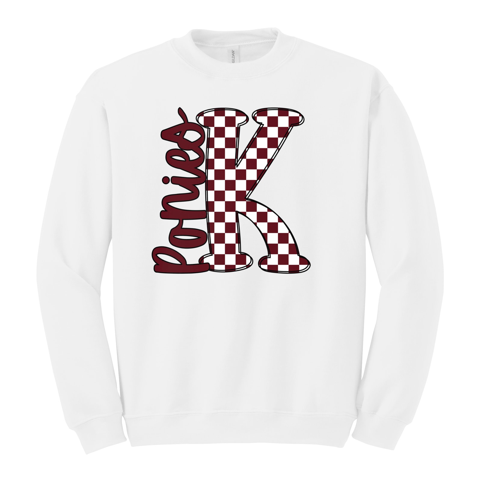 K big letter checkered ponies maroon white black Gildan Heavy Blend Crewneck Sweatshirt. 18000