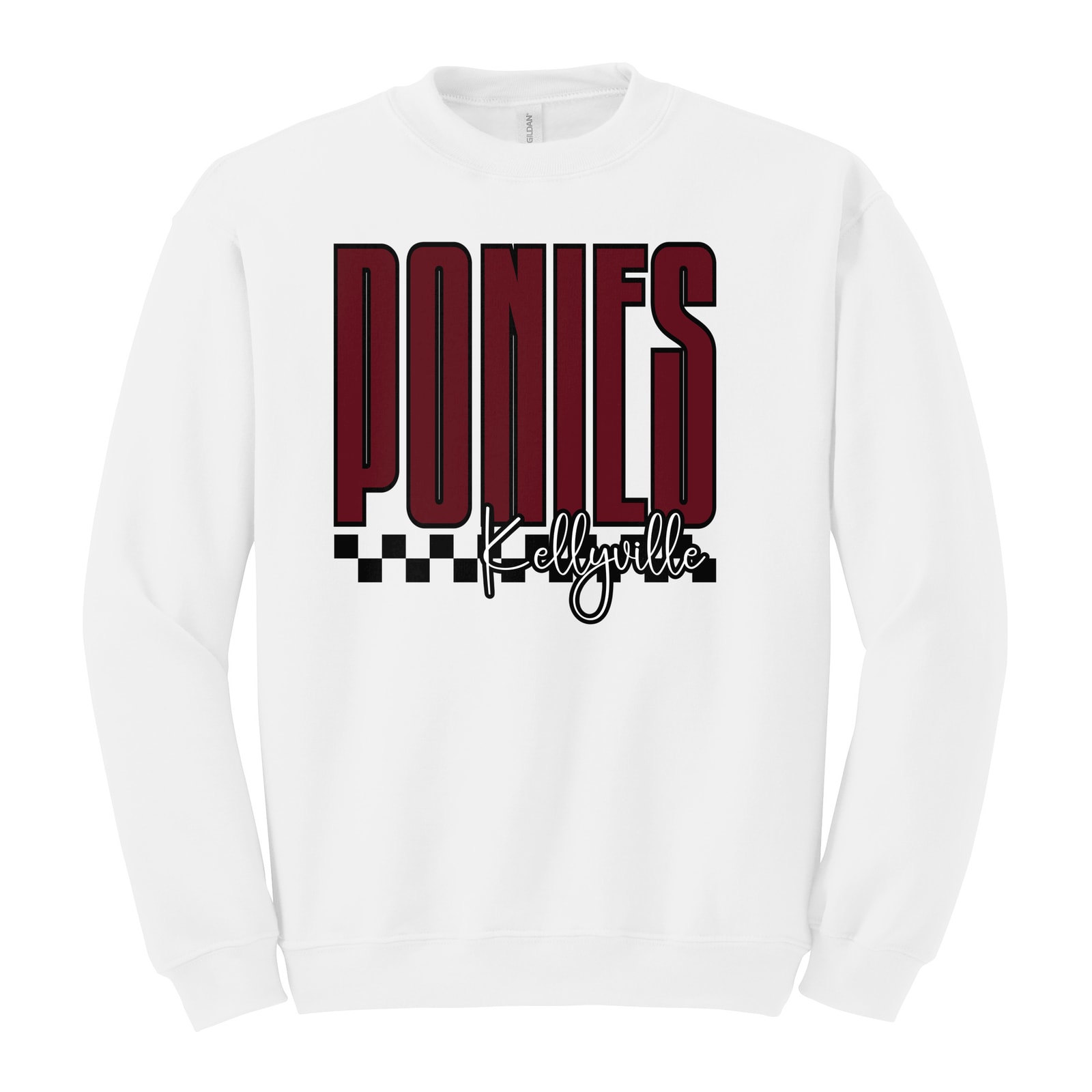 Ponies Kellyville tall with checkers maroon white black Gildan Heavy Blend Crewneck Sweatshirt. 18000