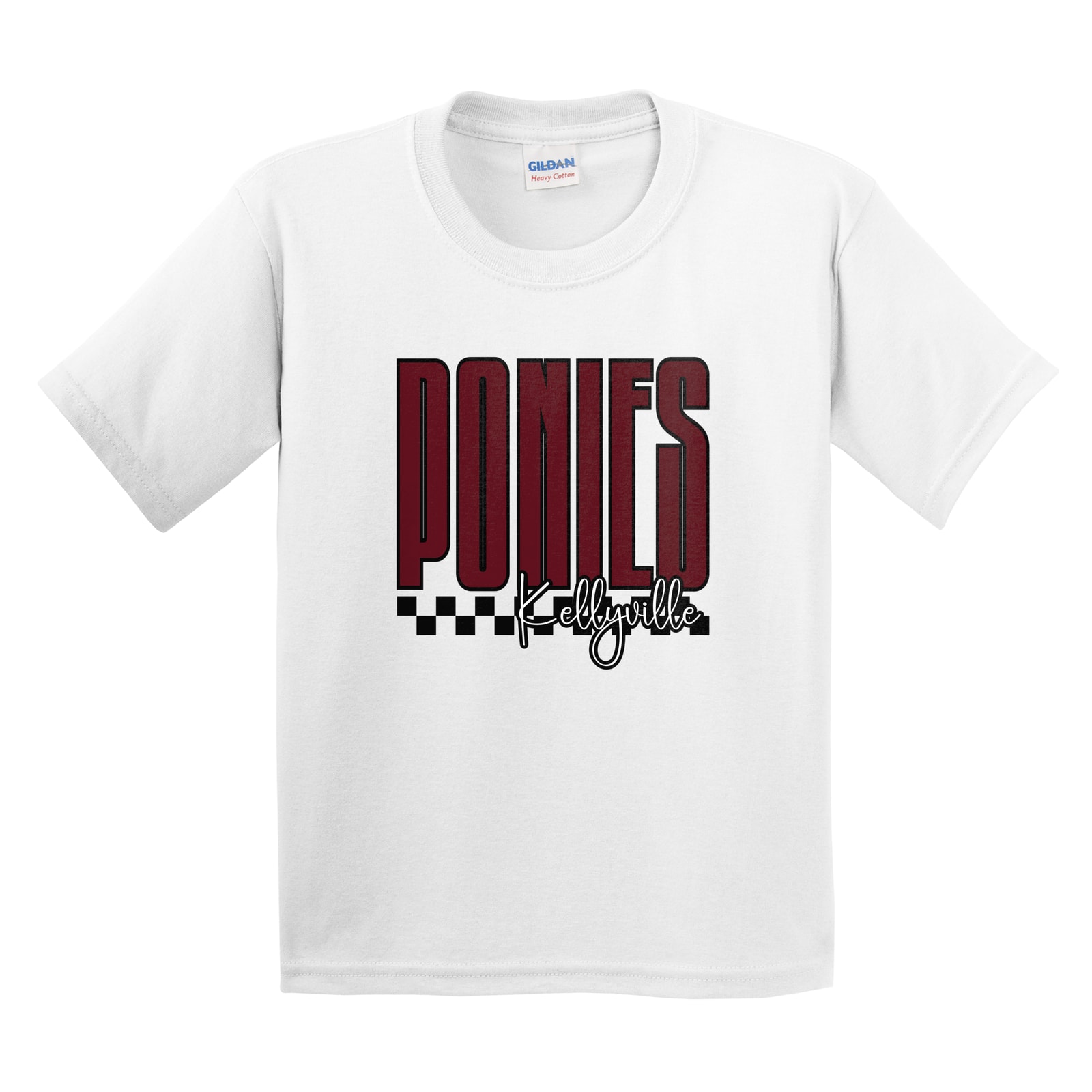Ponies Kellyville tall with checkers maroon white black Gildan 5000B Youth Tee