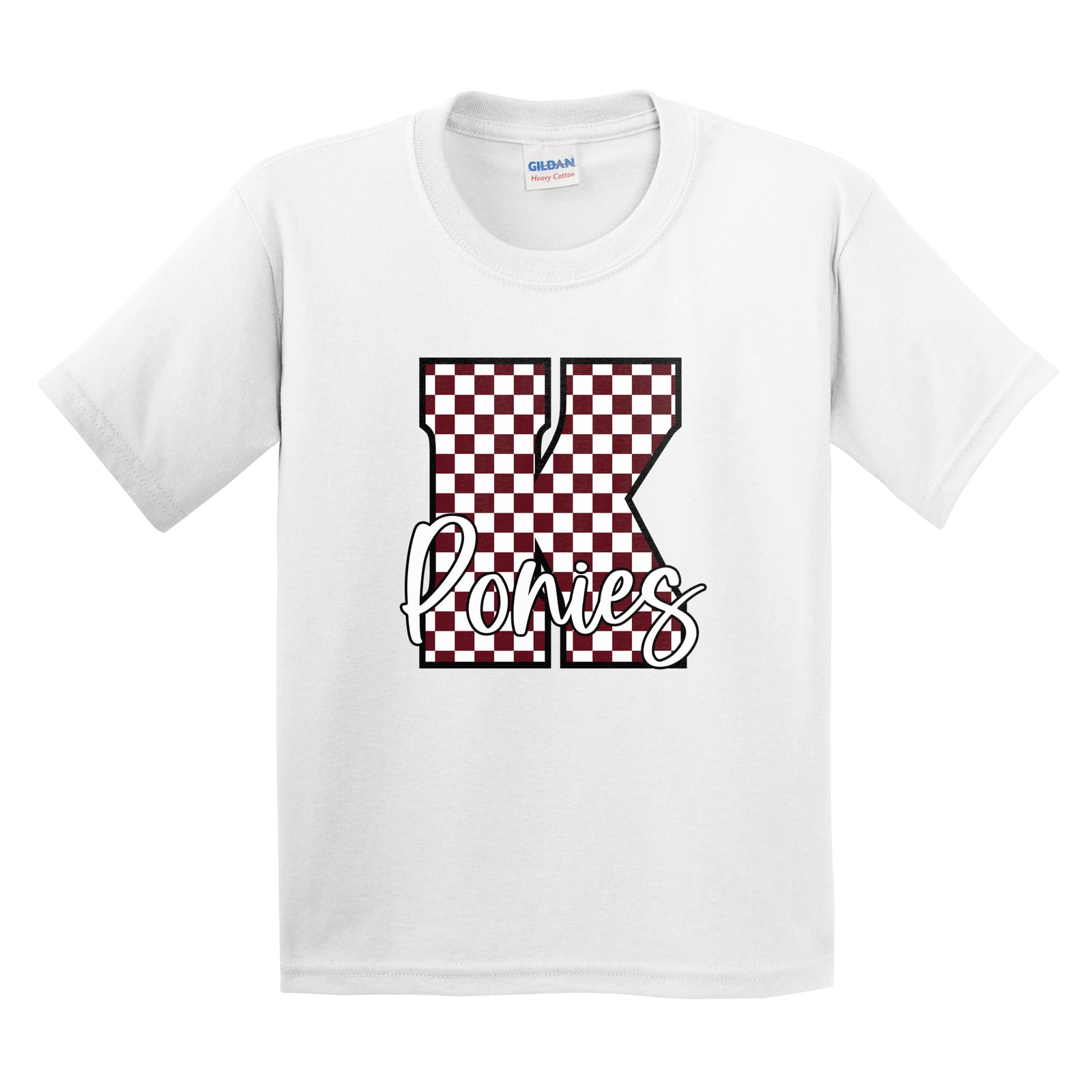 K maroon white checkers ponies white script Gildan 5000B Youth Tee