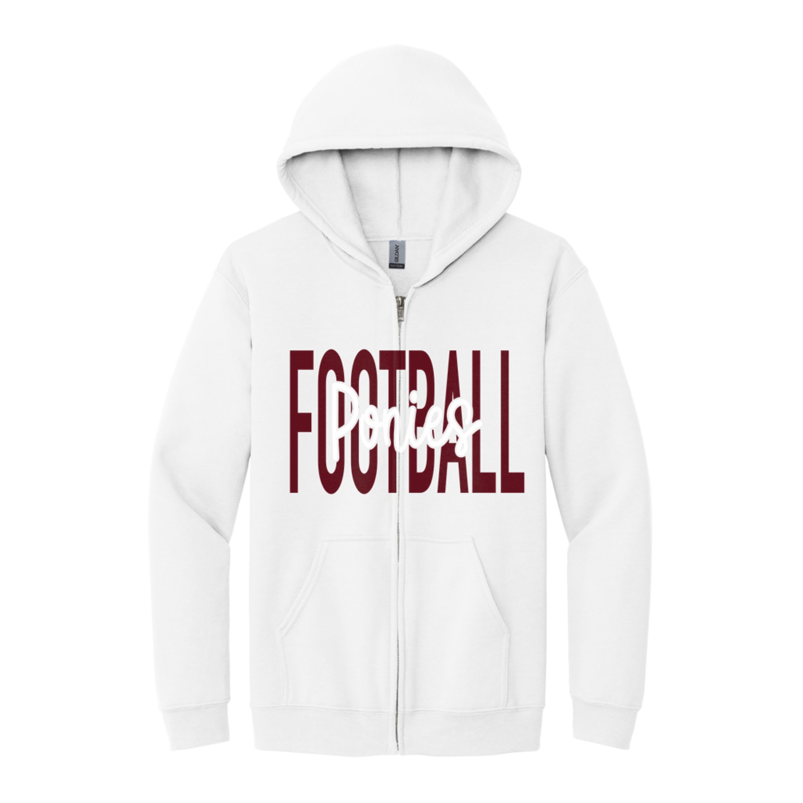 Ponies Football Middle Script maroon white Gildan - Heavy Blend Full-Zip Hooded Sweatshirt. 18600
